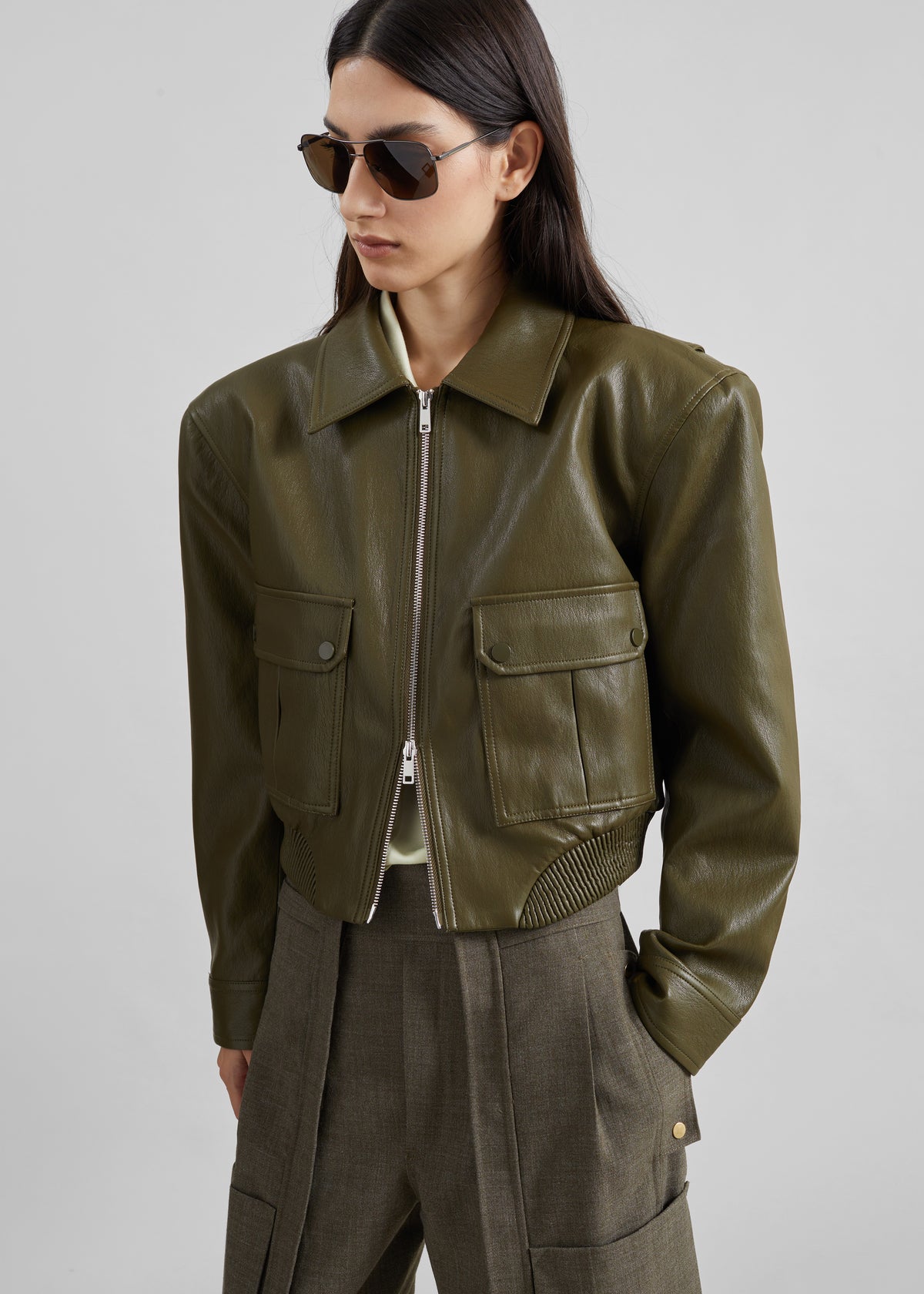 Val Faux Leather Padded Jacket - Army Green
