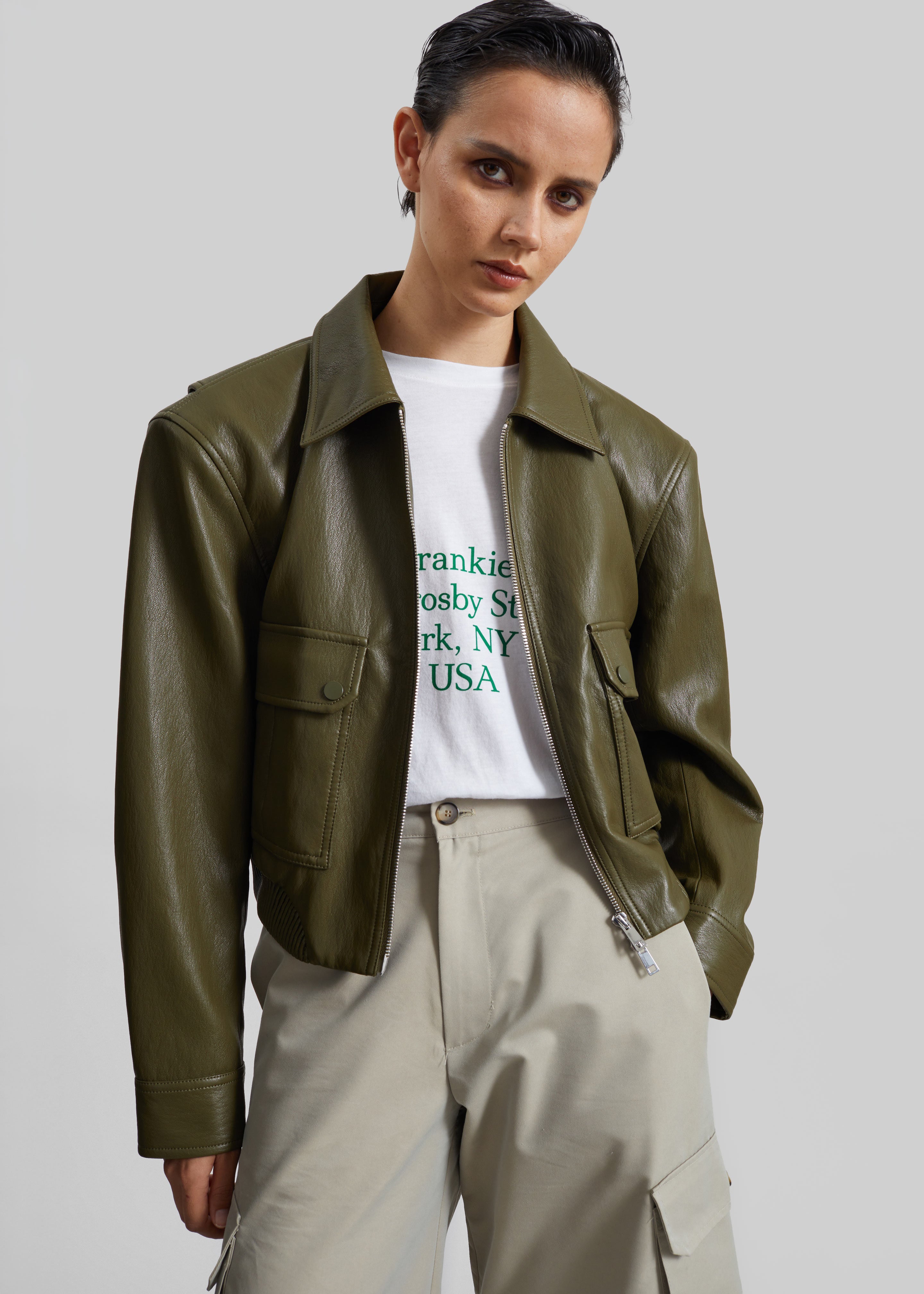 Val Faux Leather Padded Jacket - Army Green - 5
