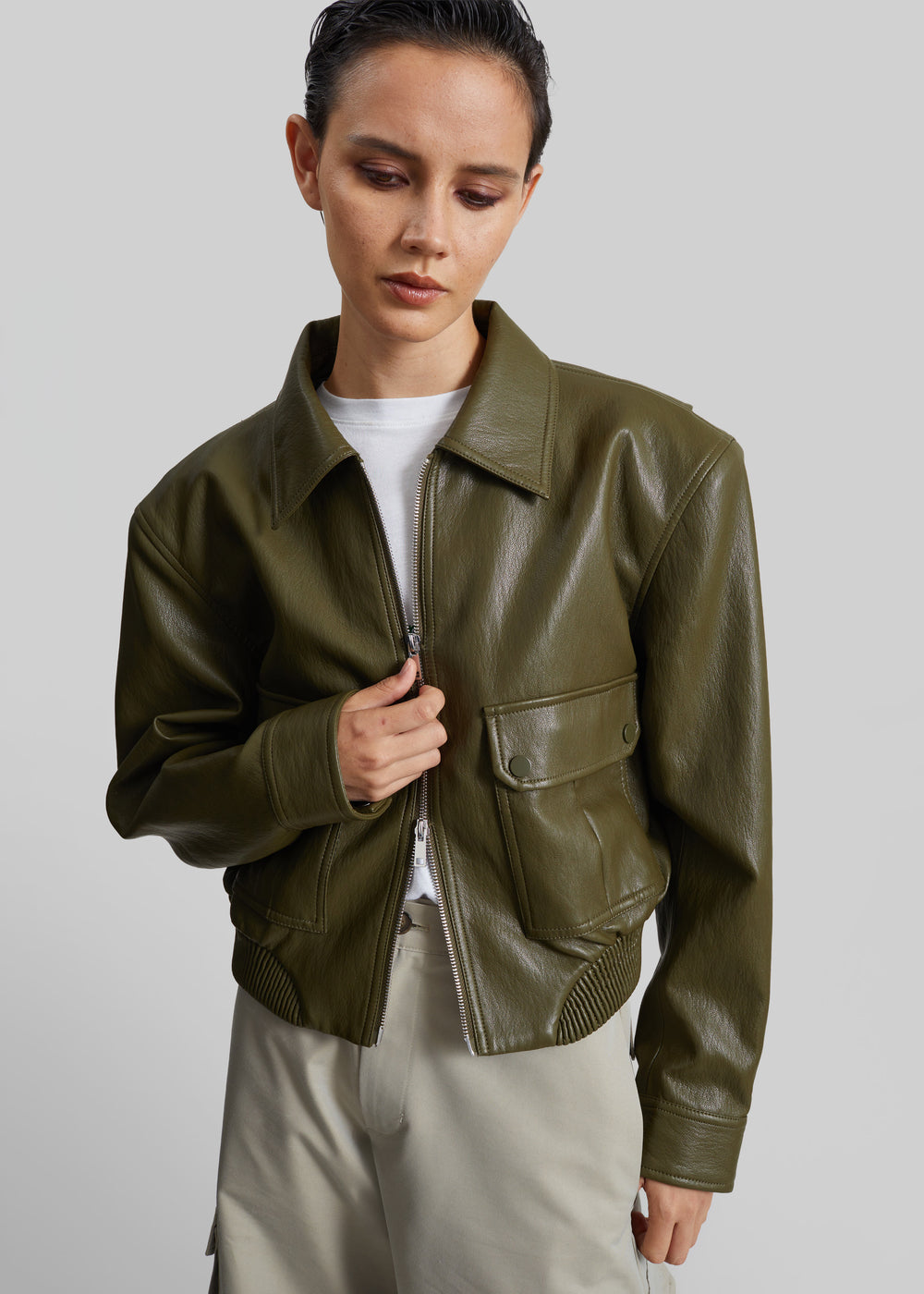 Val Faux Leather Padded Jacket - Army Green