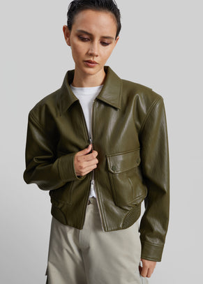 Val Faux Leather Padded Jacket - Army Green