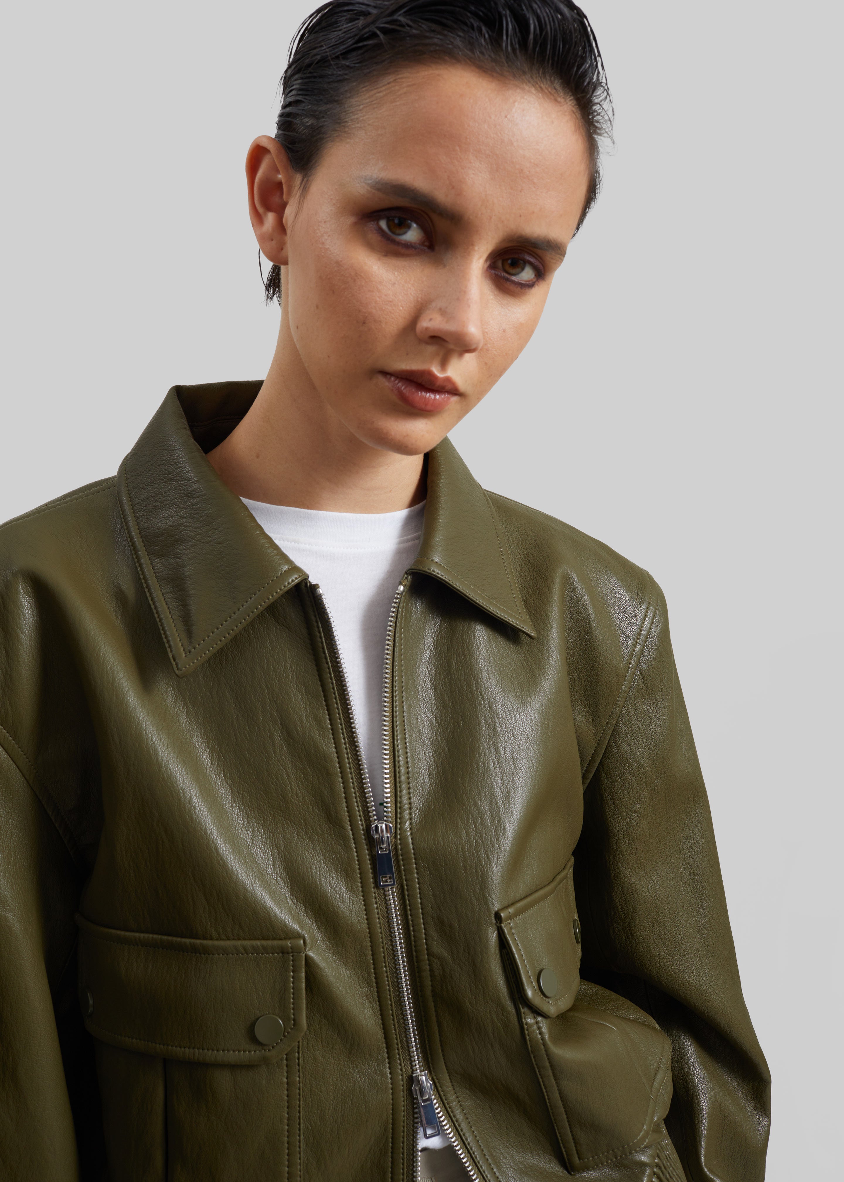 Val Faux Leather Padded Jacket - Army Green - 3