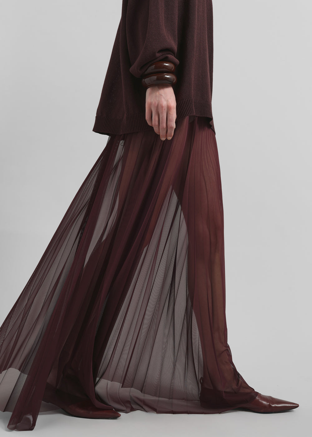 Vallen Pleated Mesh Maxi Skirt - Burgundy - 1