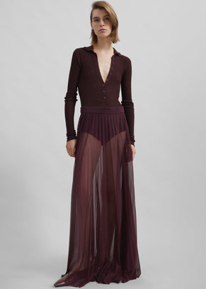 Vallen Pleated Mesh Maxi Skirt - Burgundy