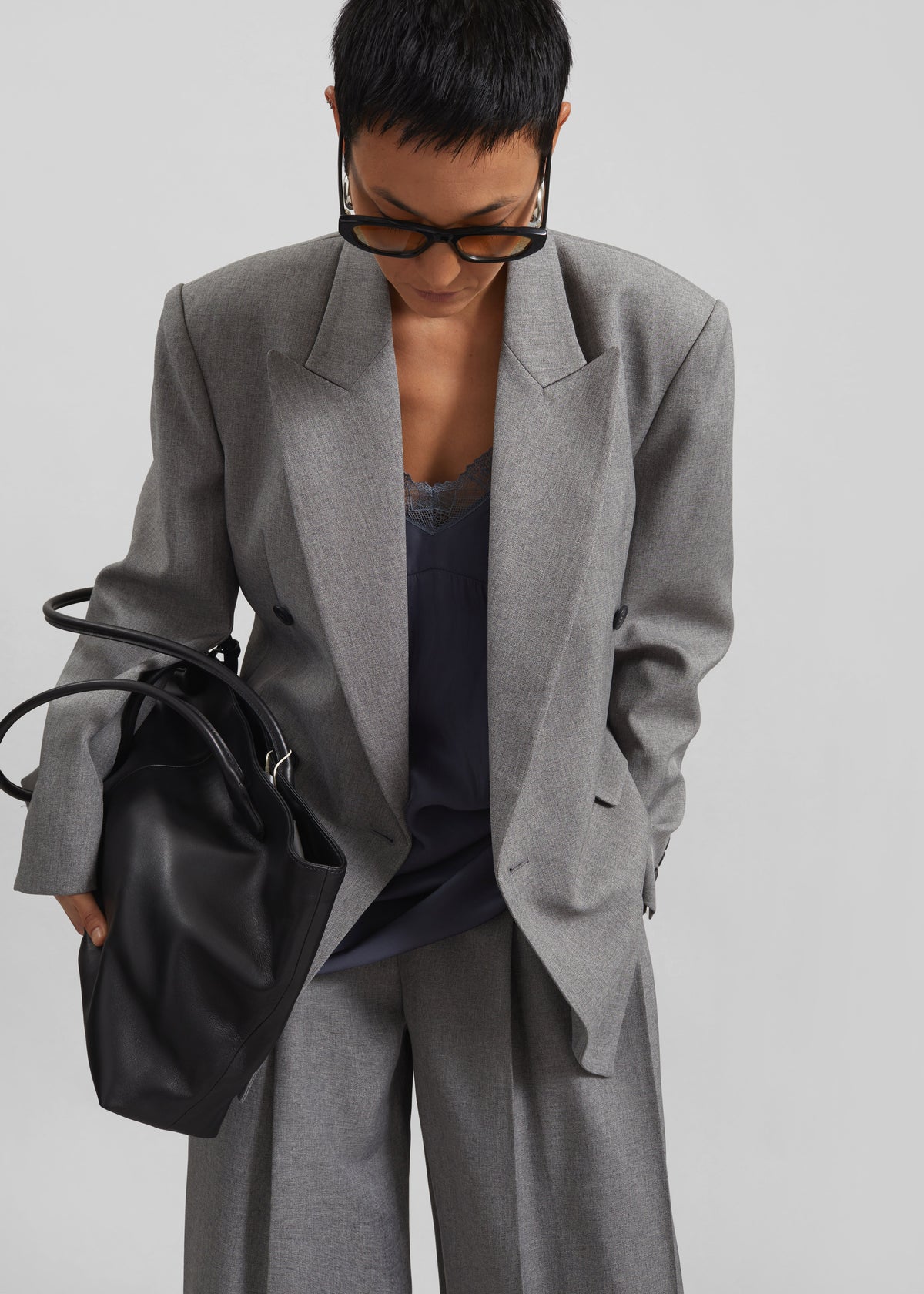 Vallsta Double-Breasted Blazer - Grey Melange - 8