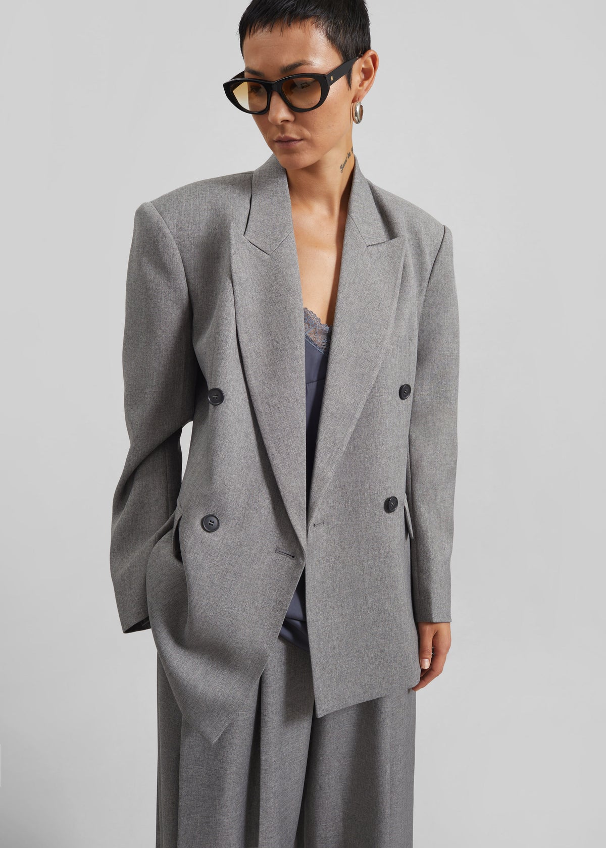 Vallsta Double-Breasted Blazer - Grey Melange - 2