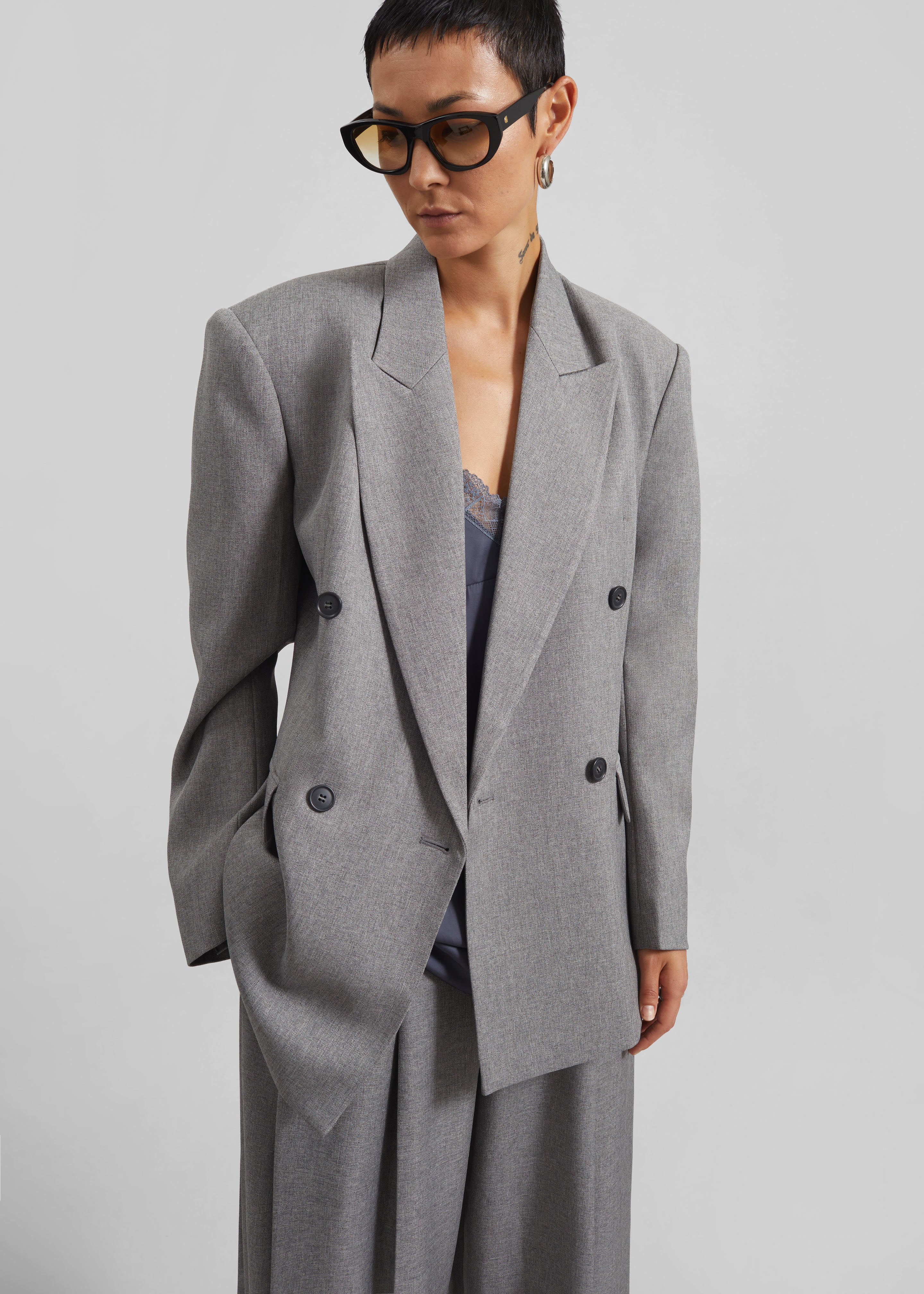 Vallsta Double-Breasted Blazer - Grey Melange - 2