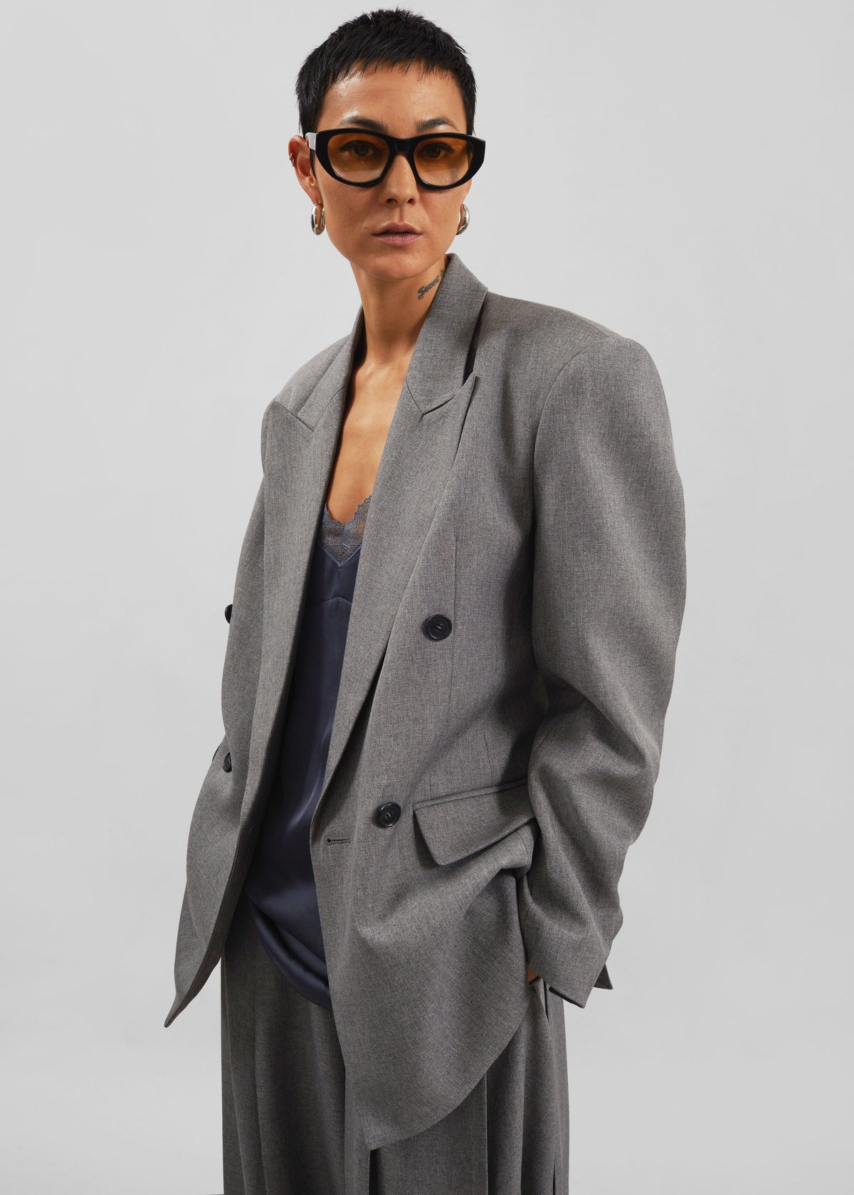 Vallsta Double-Breasted Blazer - Grey Melange - 6