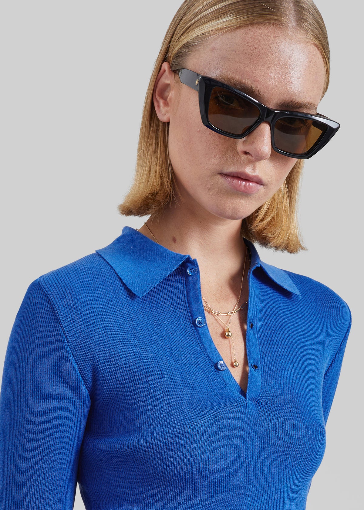 Vally Ribbed Knit Polo Top - Cobalt - 2