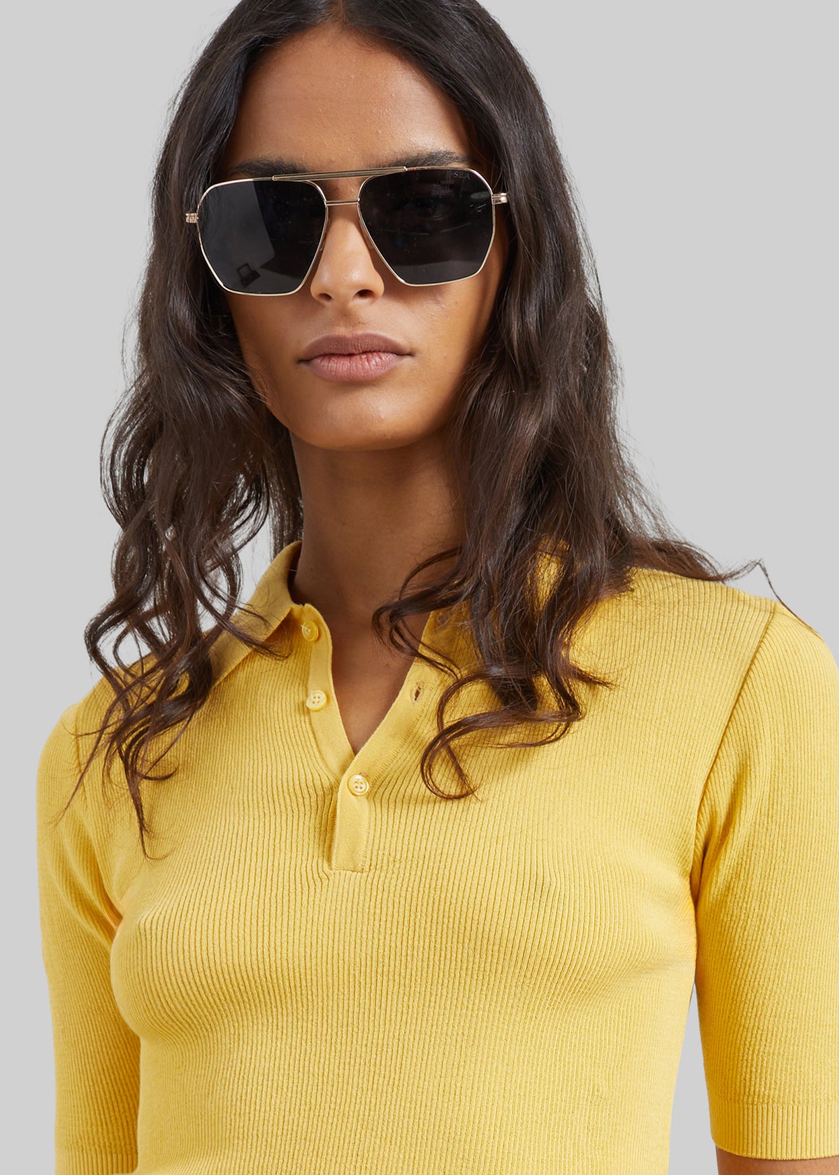 Vally Ribbed Knit Polo Top - Yellow - 4