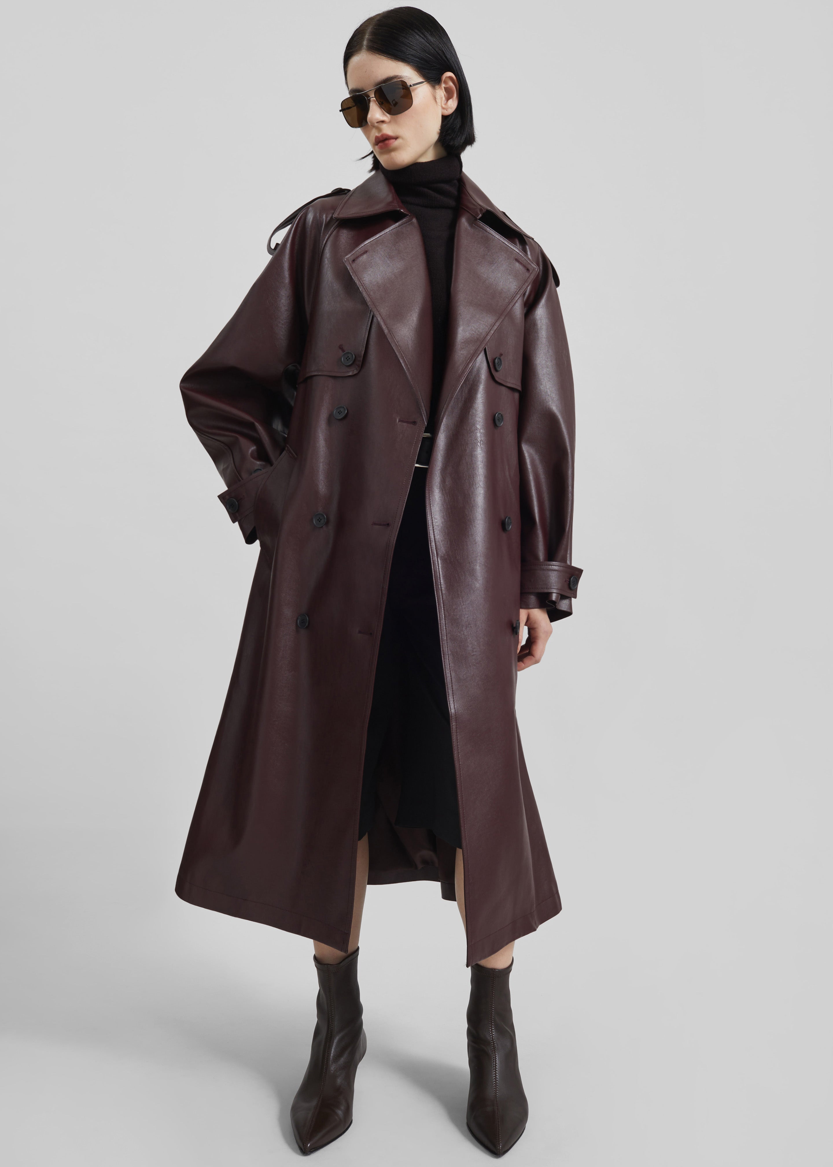 Vandve Faux Leather Trench - Burgundy - 3