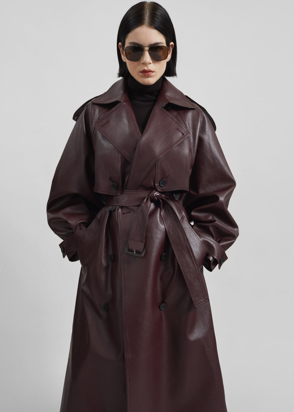 Vandve Faux Leather Trench - Burgundy - 1