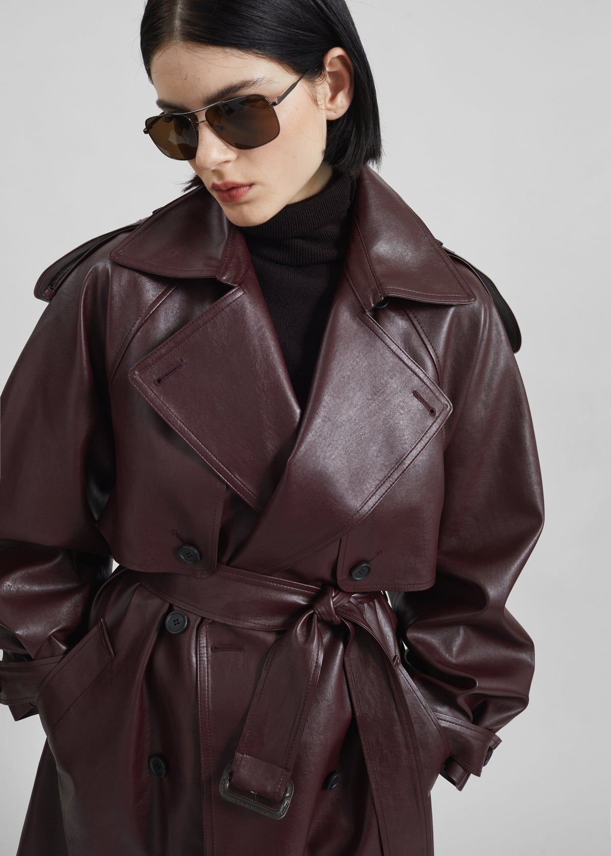 Vandve Faux Leather Trench - Burgundy - 4