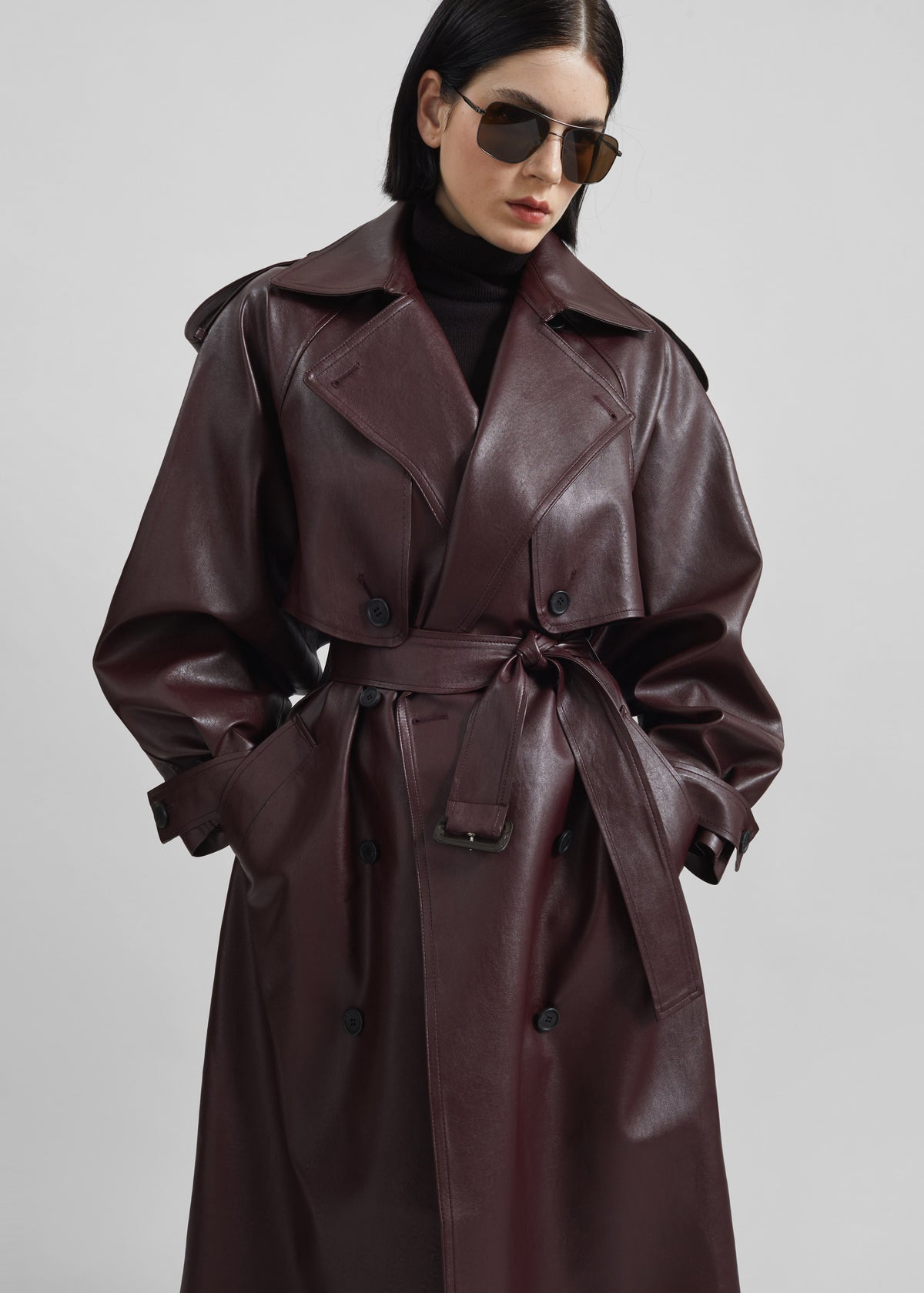 Vandve Faux Leather Trench - Burgundy - 5