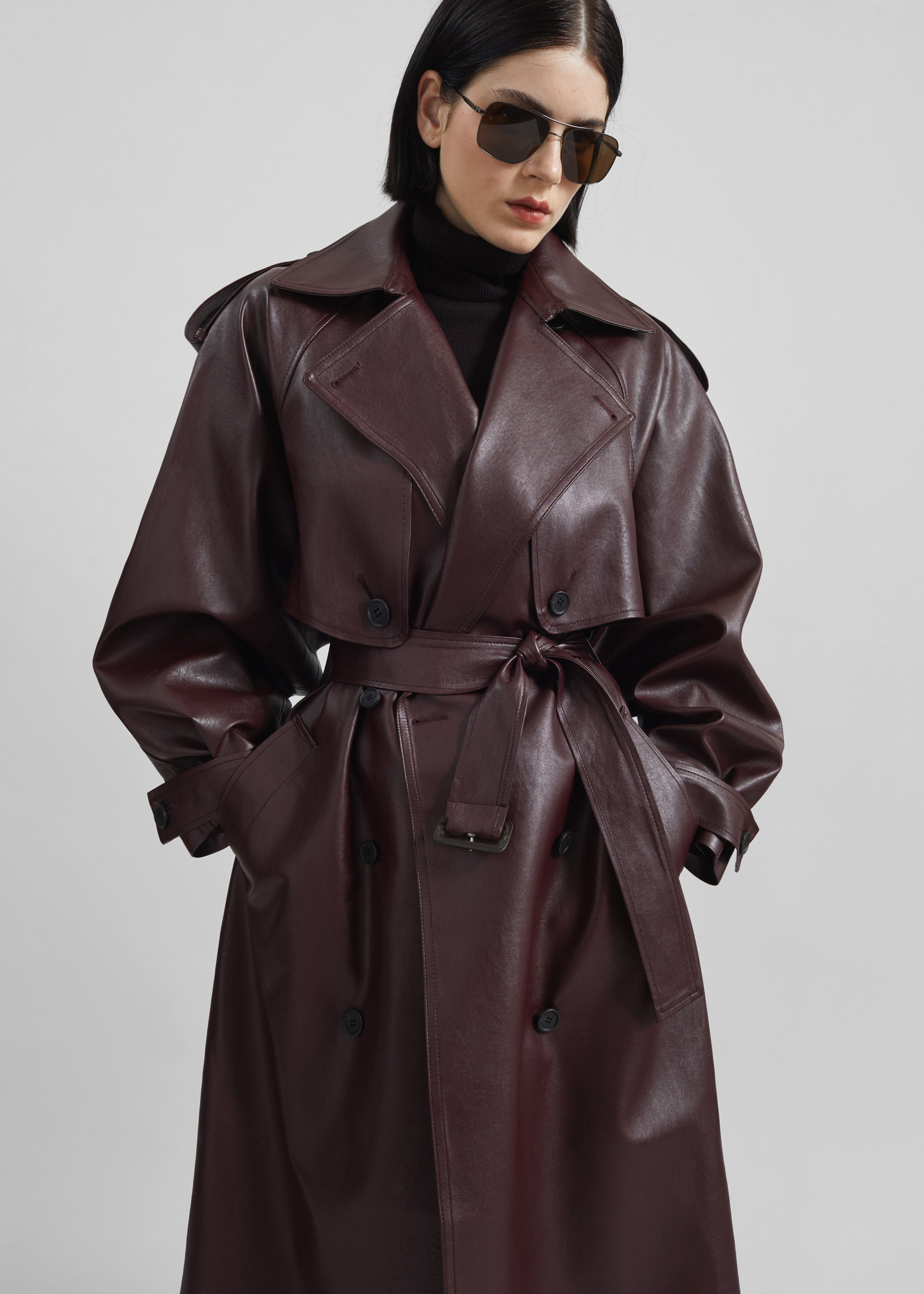 Vandve Faux Leather Trench - Burgundy - 5