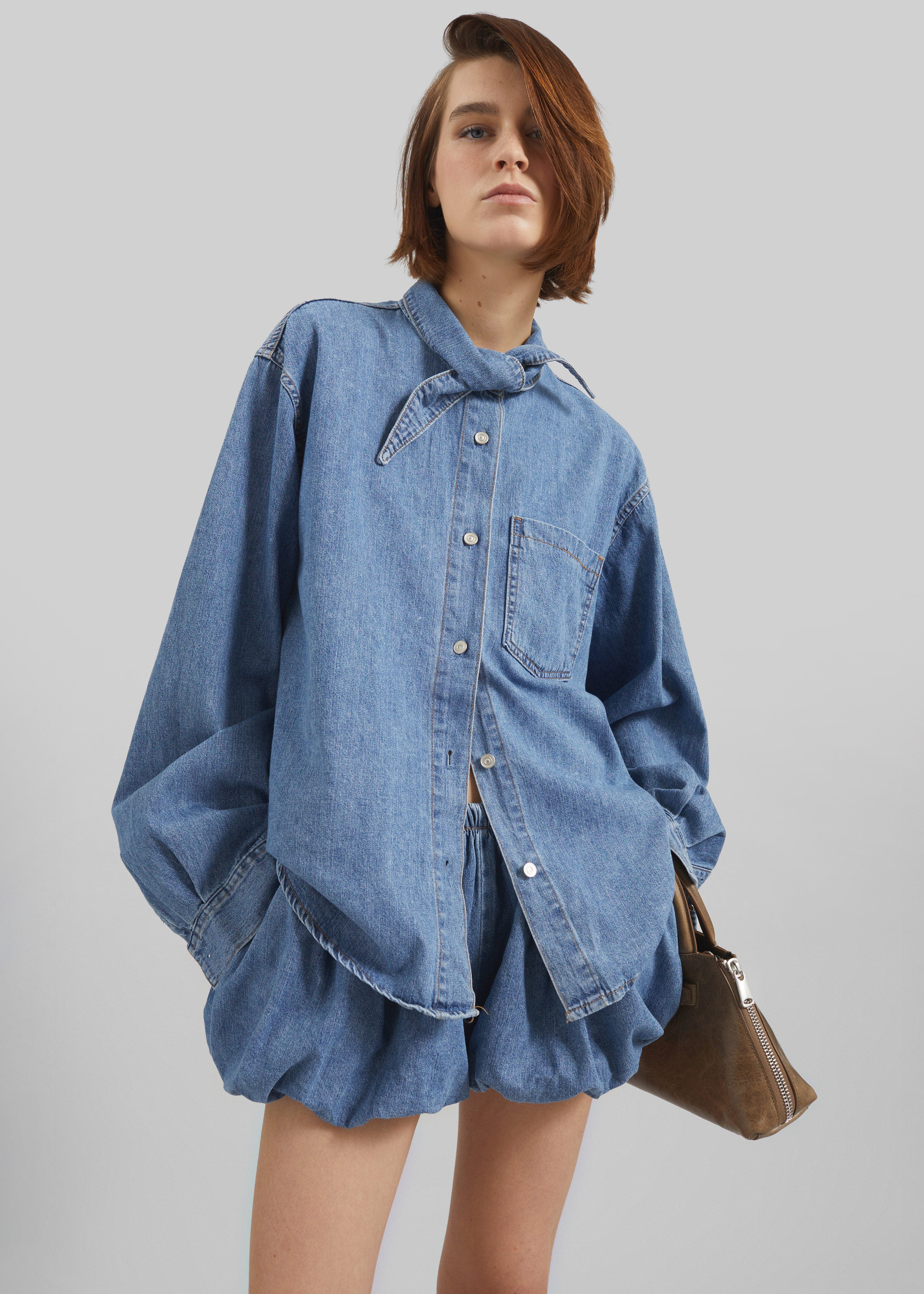 Varzy Denim Bubble-Hem Shorts - Medium Wash - 3