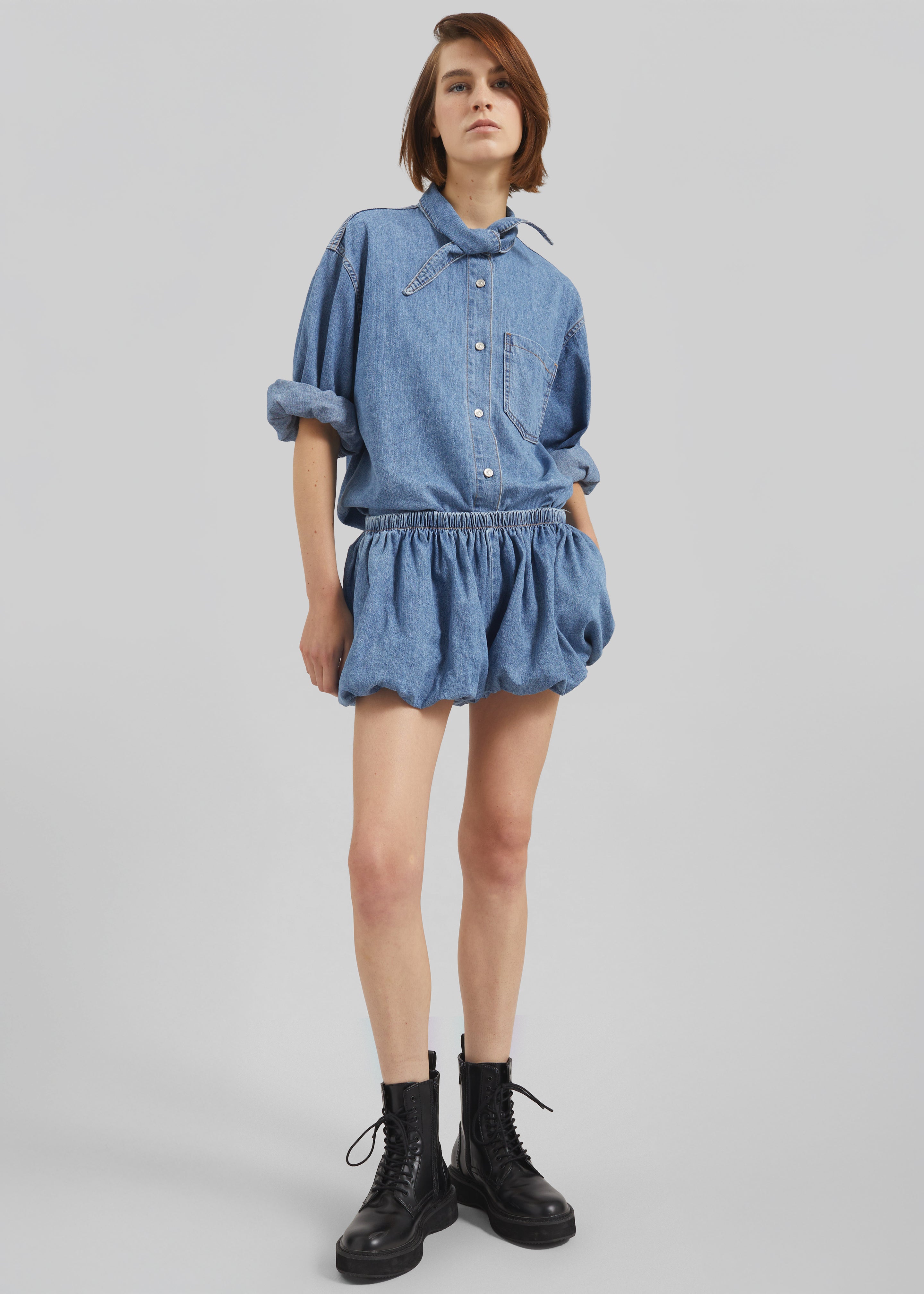 Varzy Denim Bubble-Hem Shorts - Medium Wash - 4