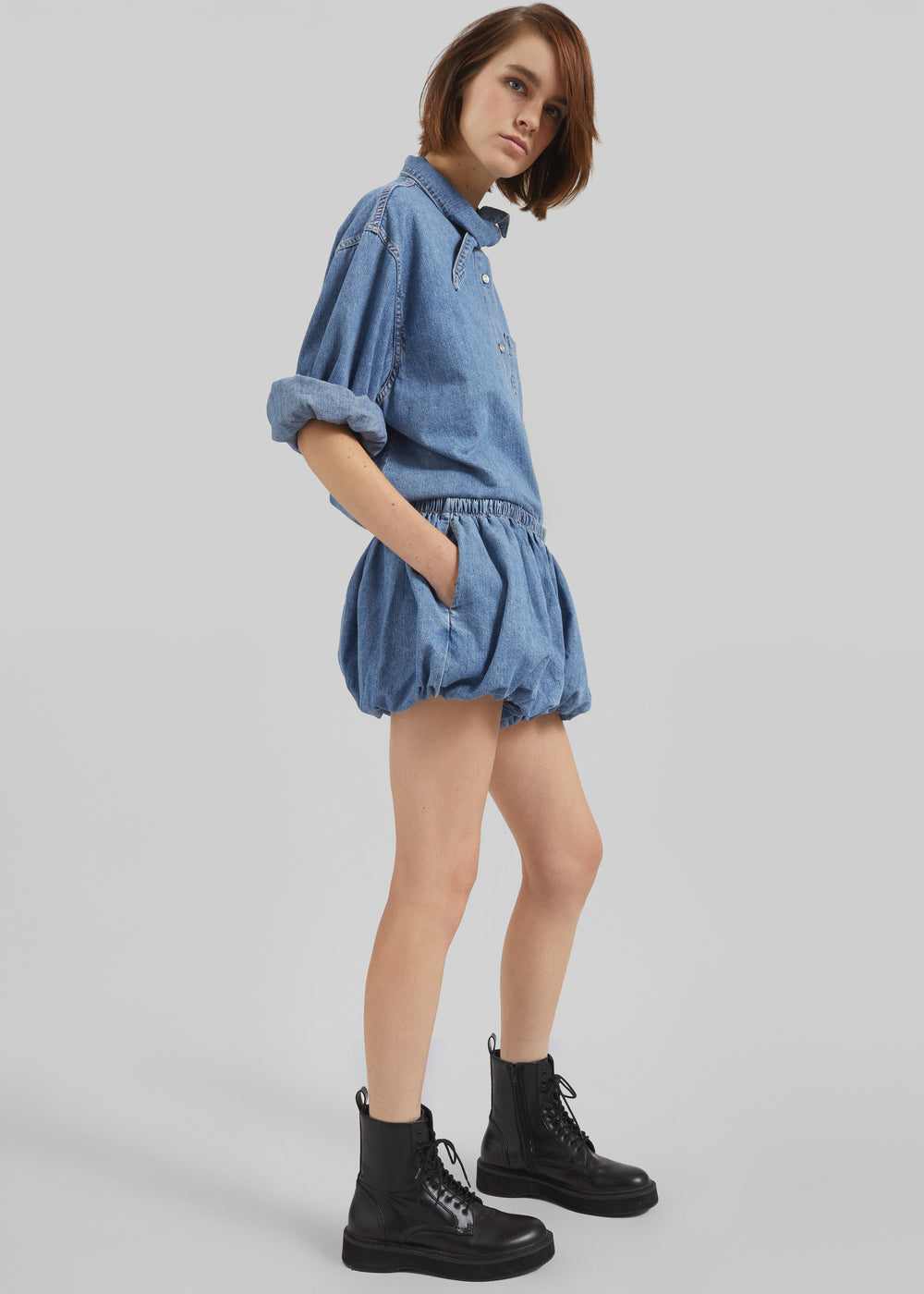 Varzy Denim Bubble-Hem Shorts - Medium Wash