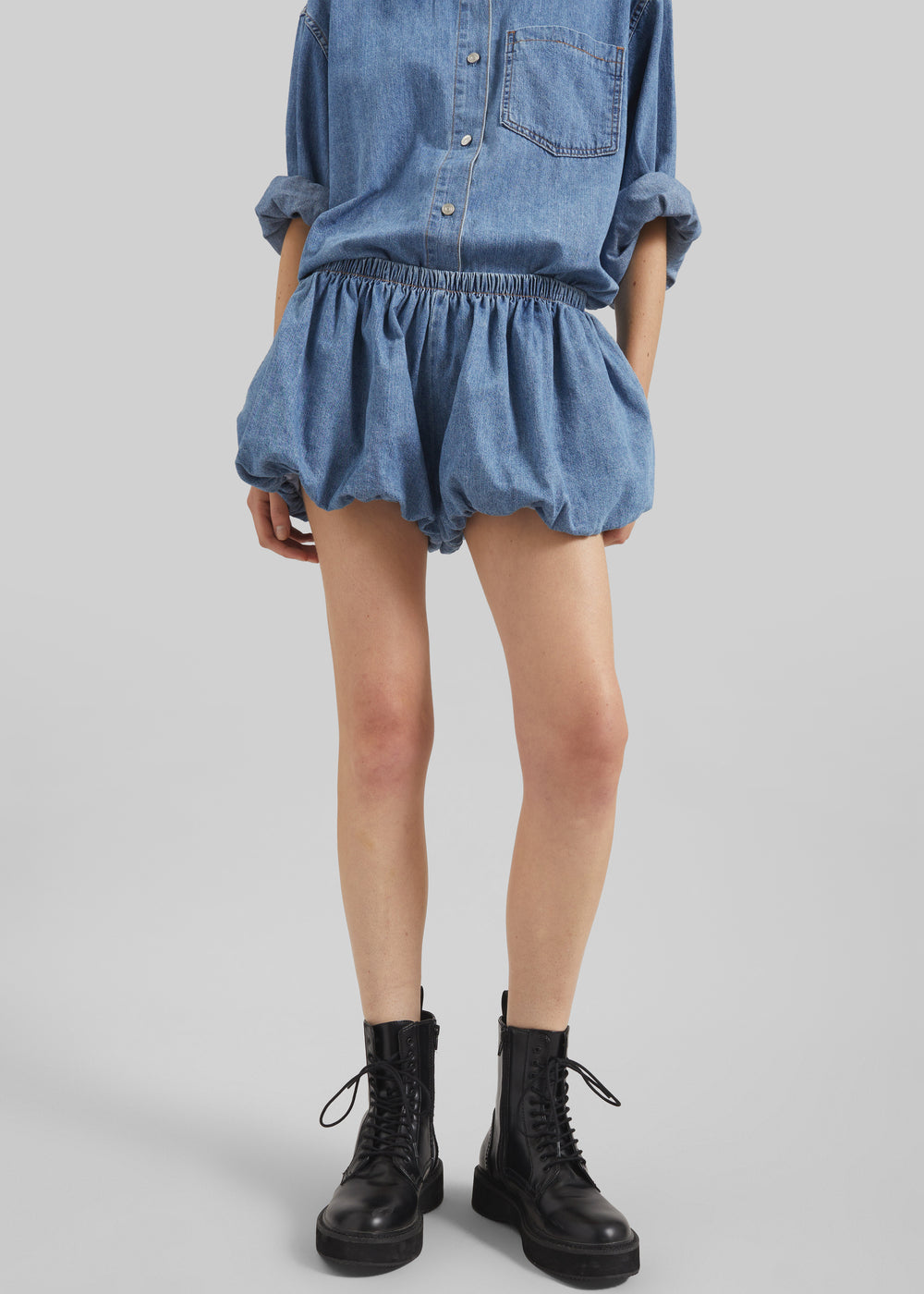 Varzy Denim Bubble-Hem Shorts - Medium Wash - 1