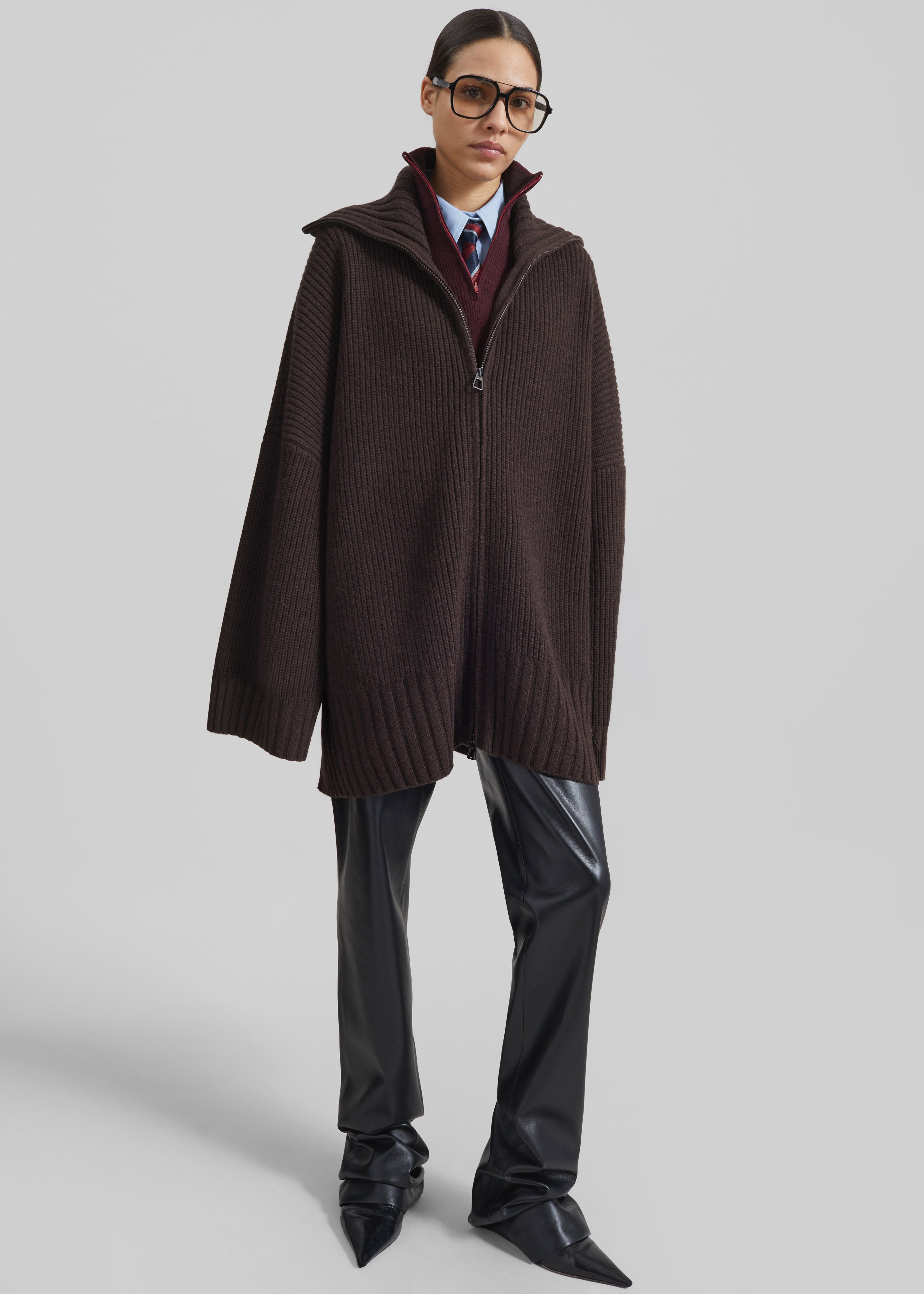 Veda Oversized Zip-Up Cardigan - Brown - 10