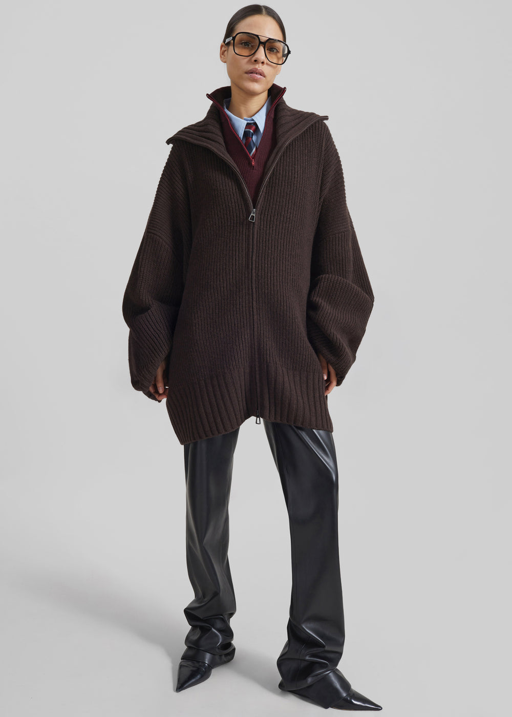 Veda Oversized Zip-Up Cardigan - Brown - 1