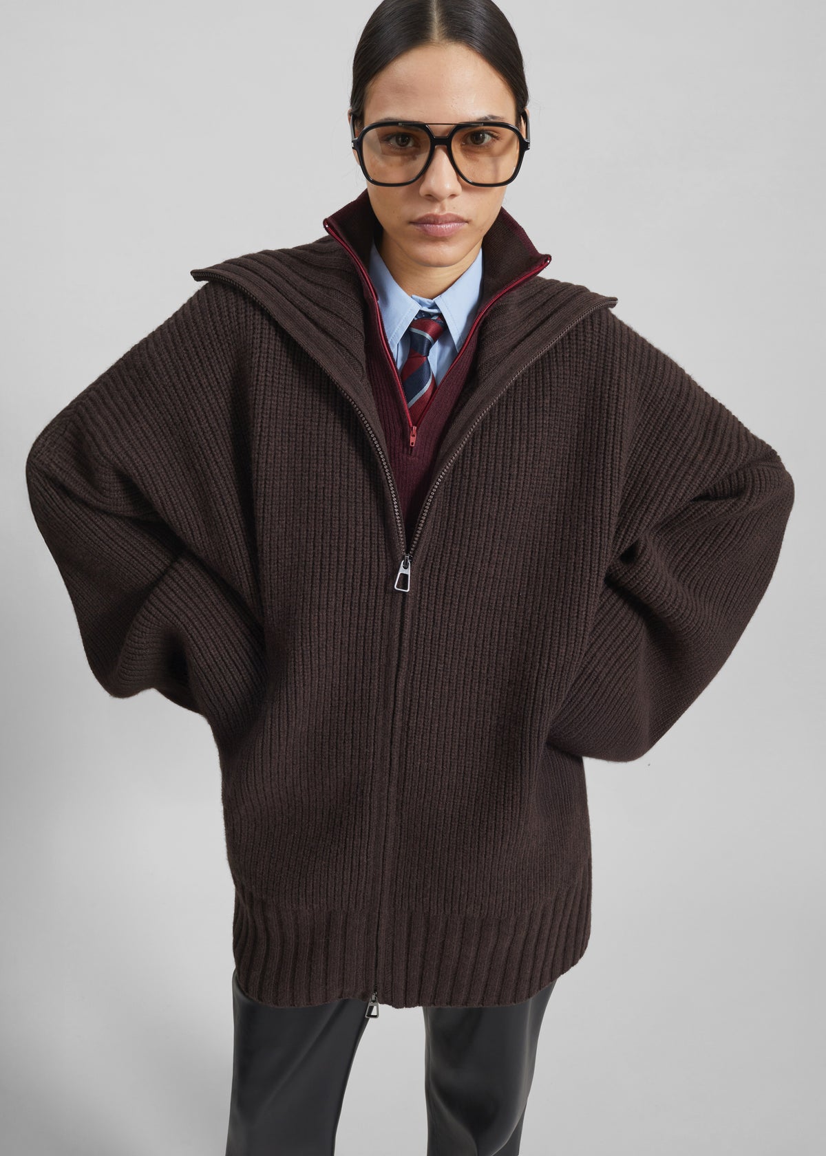 Veda Oversized Zip-Up Cardigan - Brown - 1