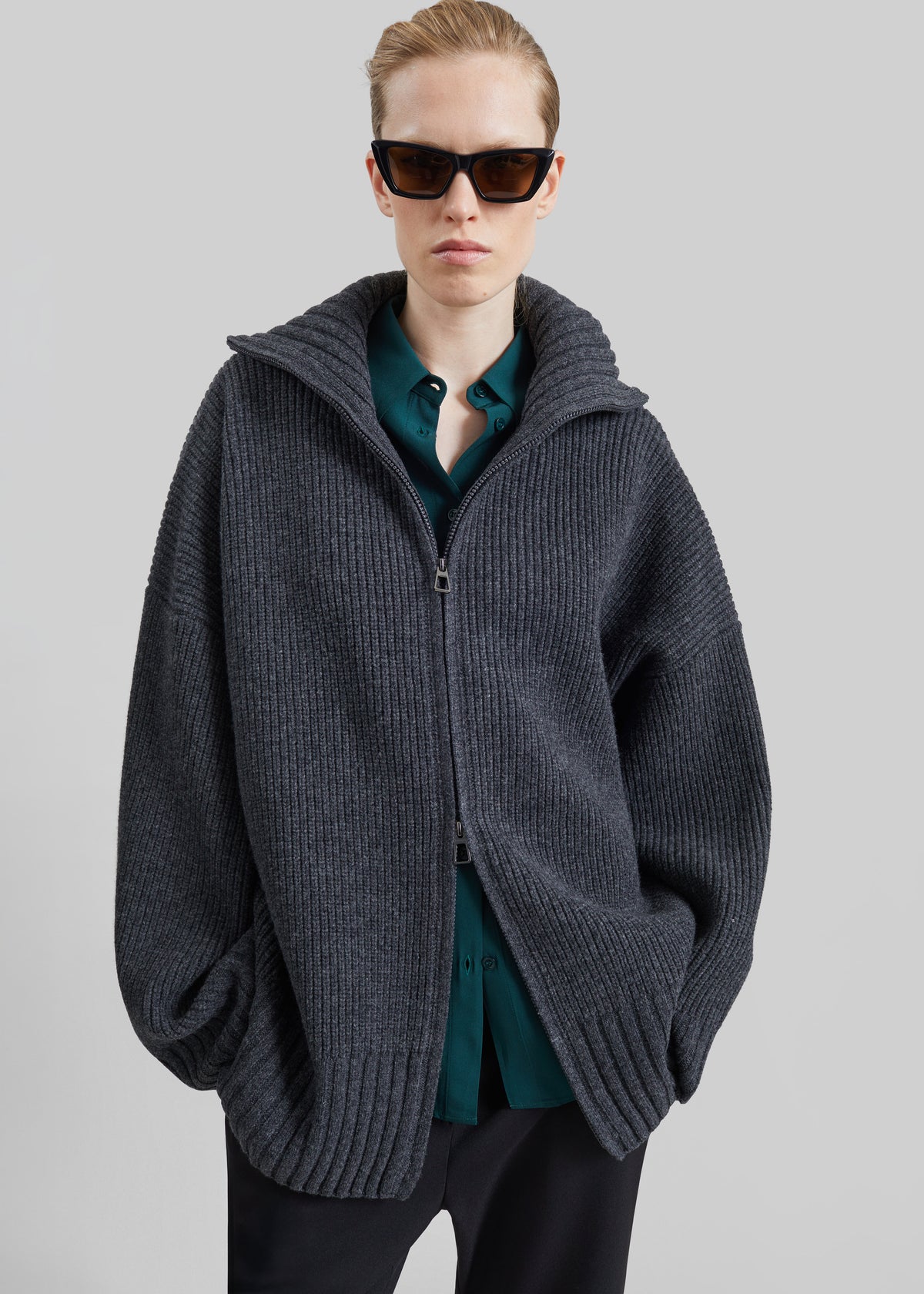 Veda Oversized Zip-Up Cardigan - Charcoal - 5