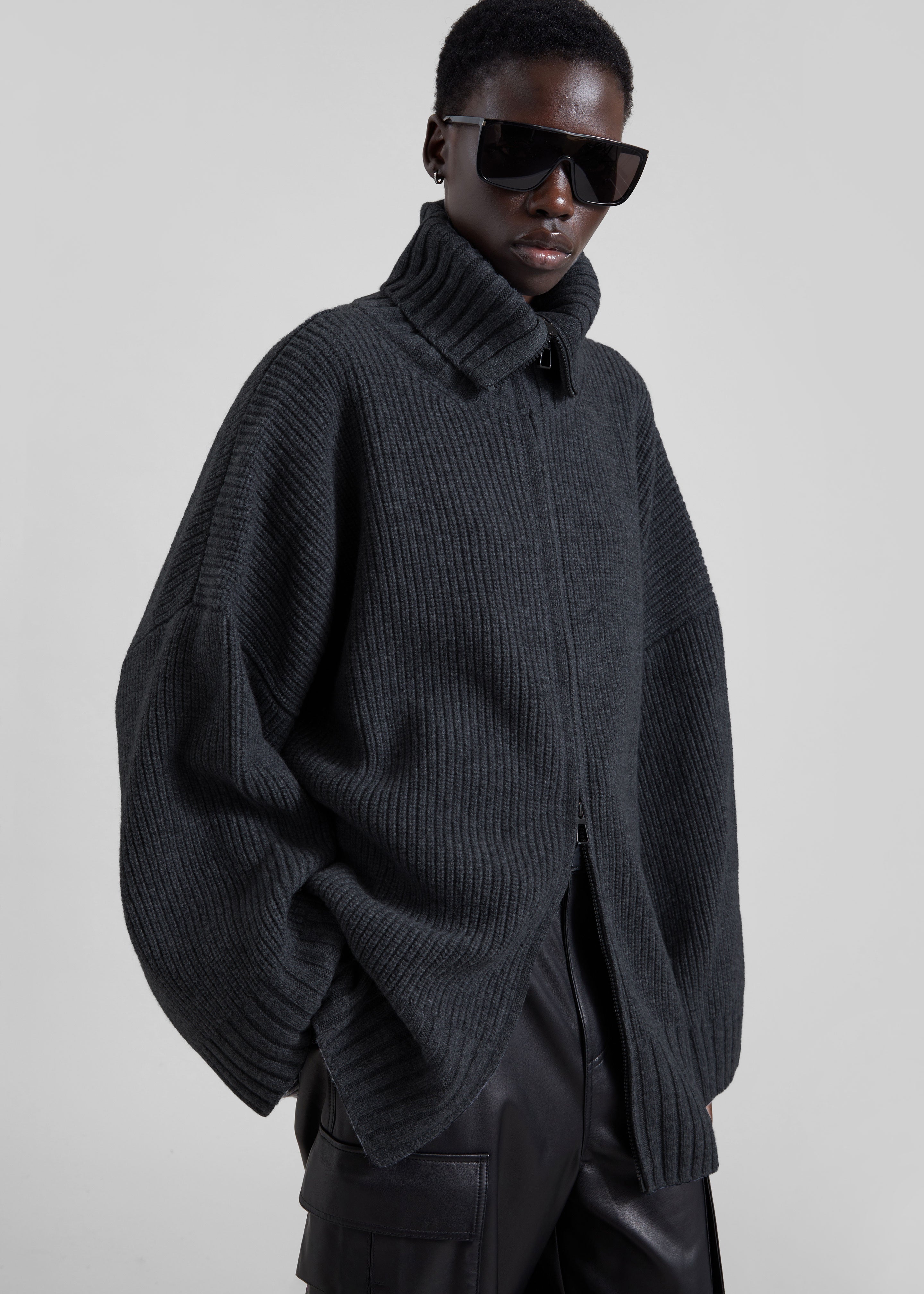 Veda Oversized Zip-Up Cardigan - Charcoal - 1