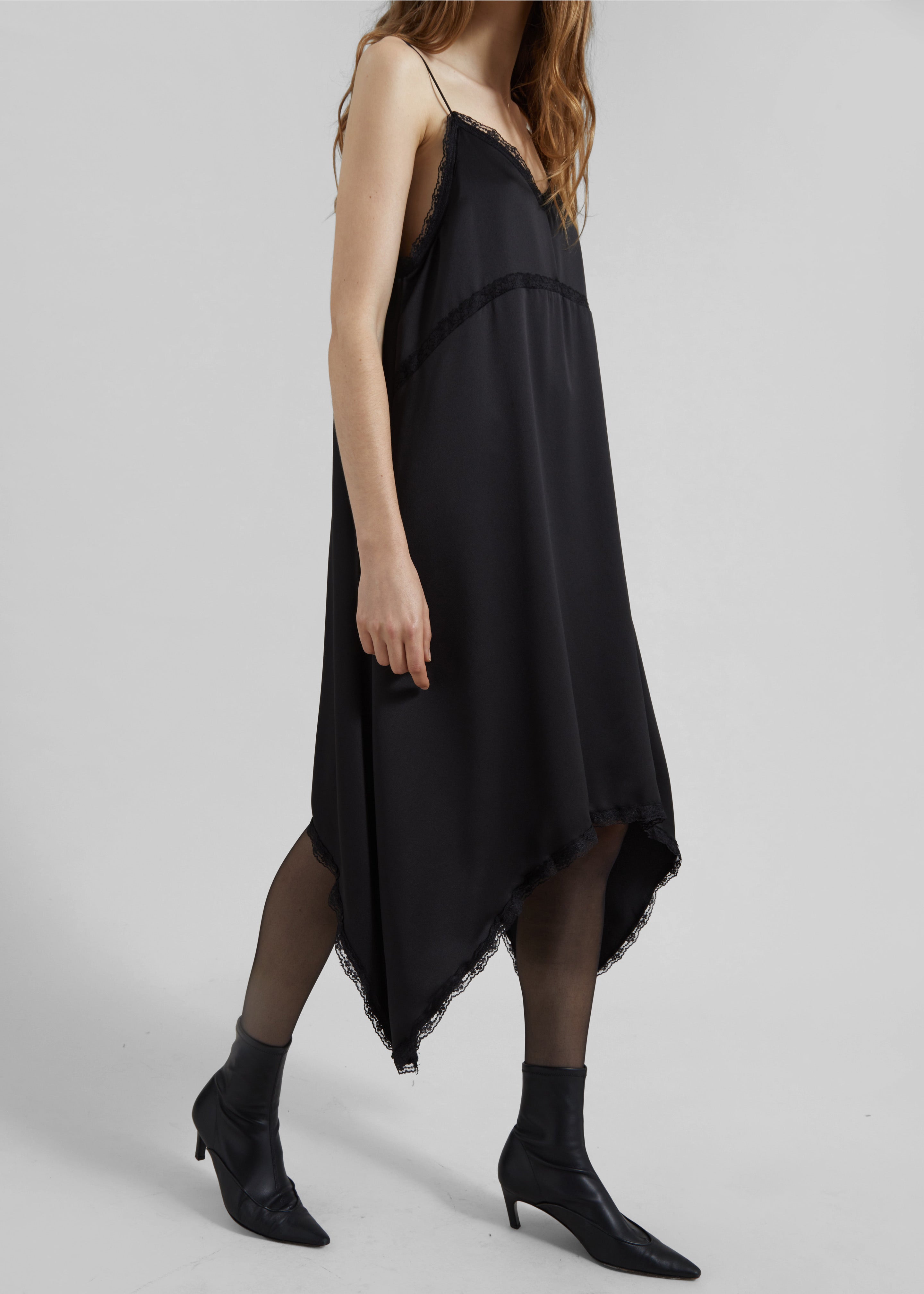 Velanne Satin Lace Trim Dress - Black Velanne Satin Lace Trim Dress - Black