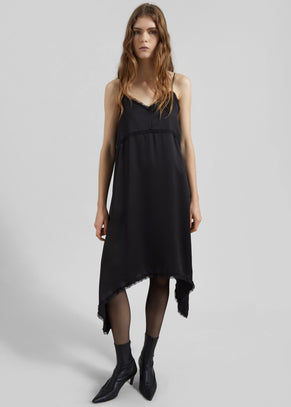 Velanne Satin Lace Trim Dress - Black