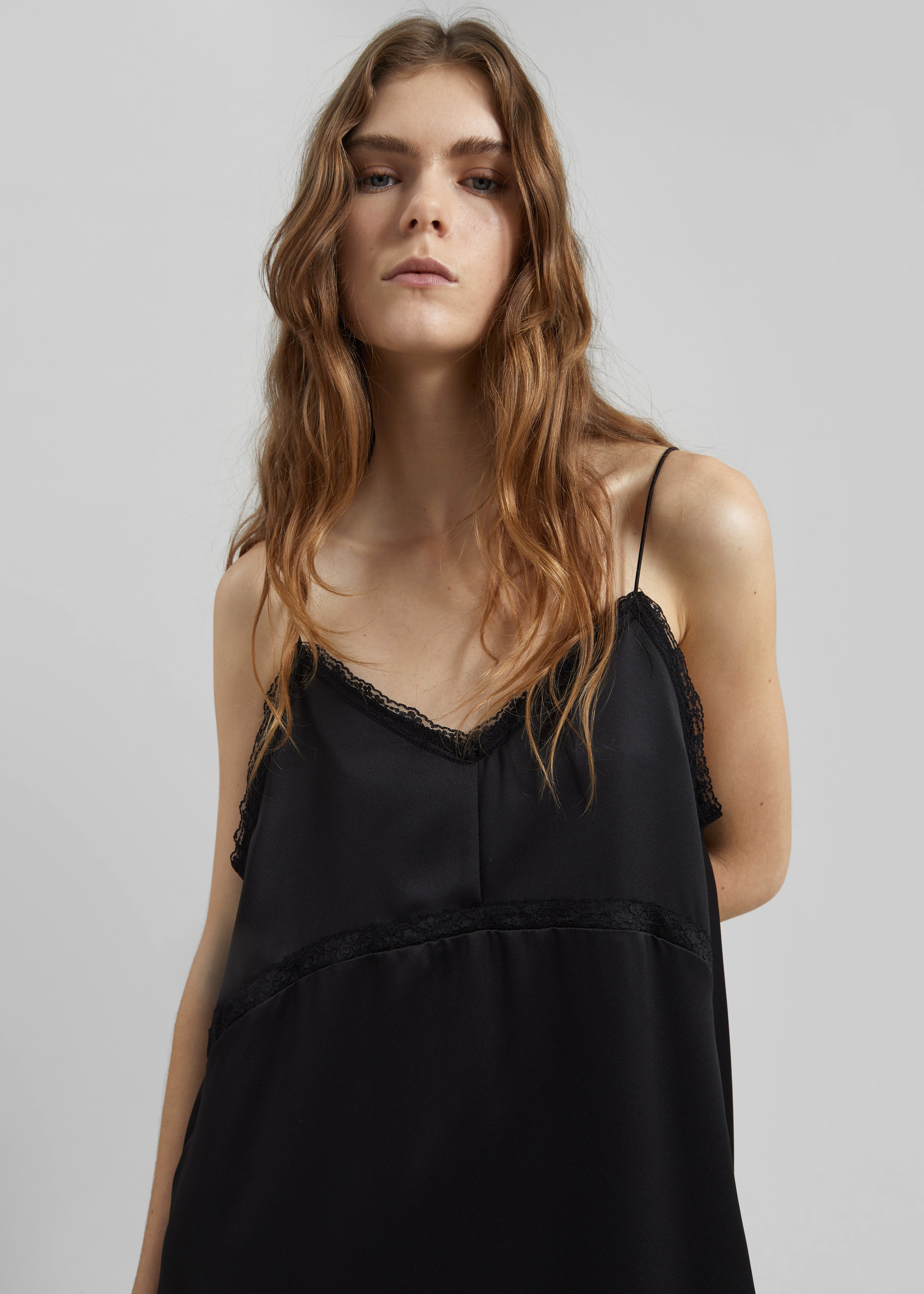 Velanne Satin Lace Trim Dress - Black - 4