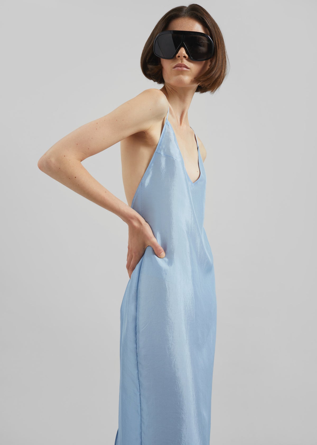 pale blue slip dress Pale Blue Satin Scoop-Neck Maxi Slip Dress