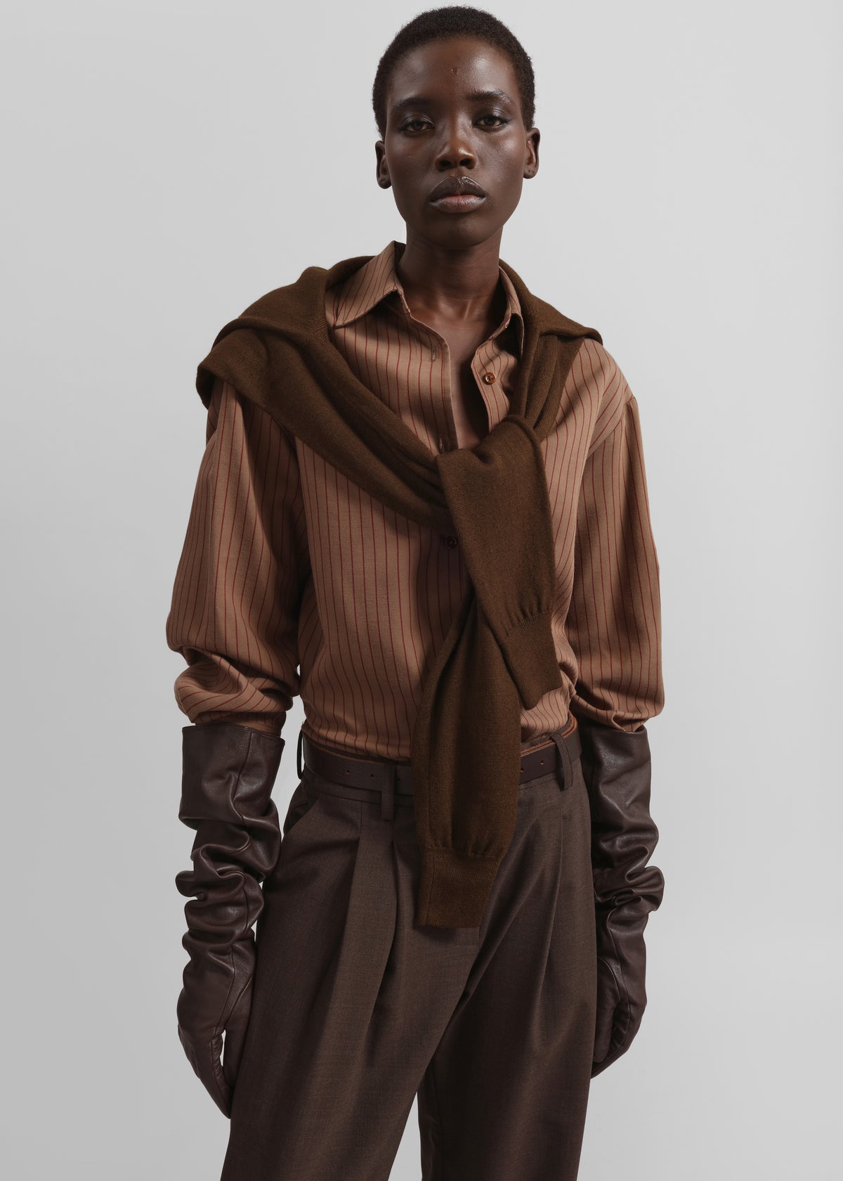 Veneto Long Leather Gloves - Dark Brown - 6