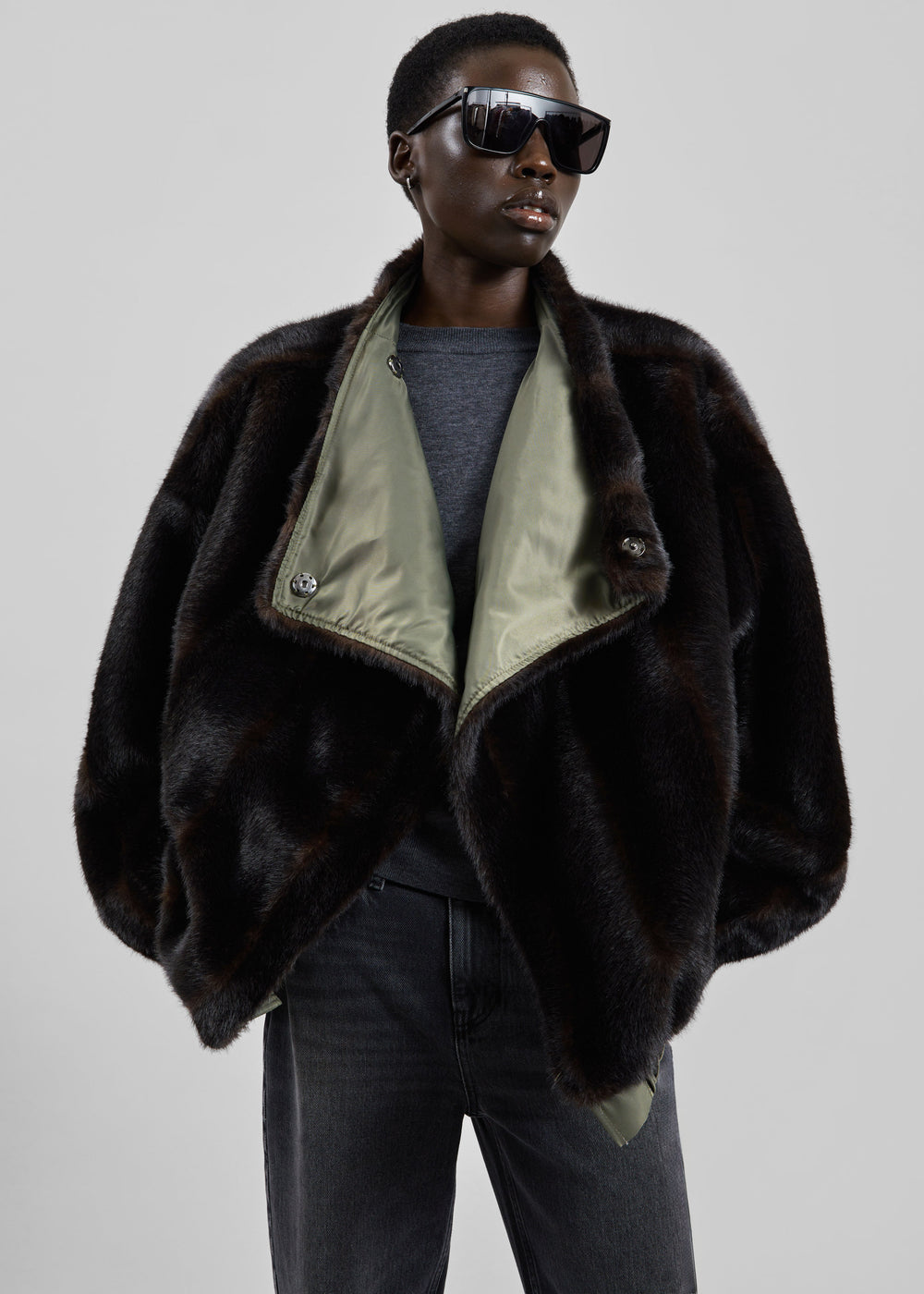 Vera Faux Fur Reversible Short Coat - Brown/Green - 1