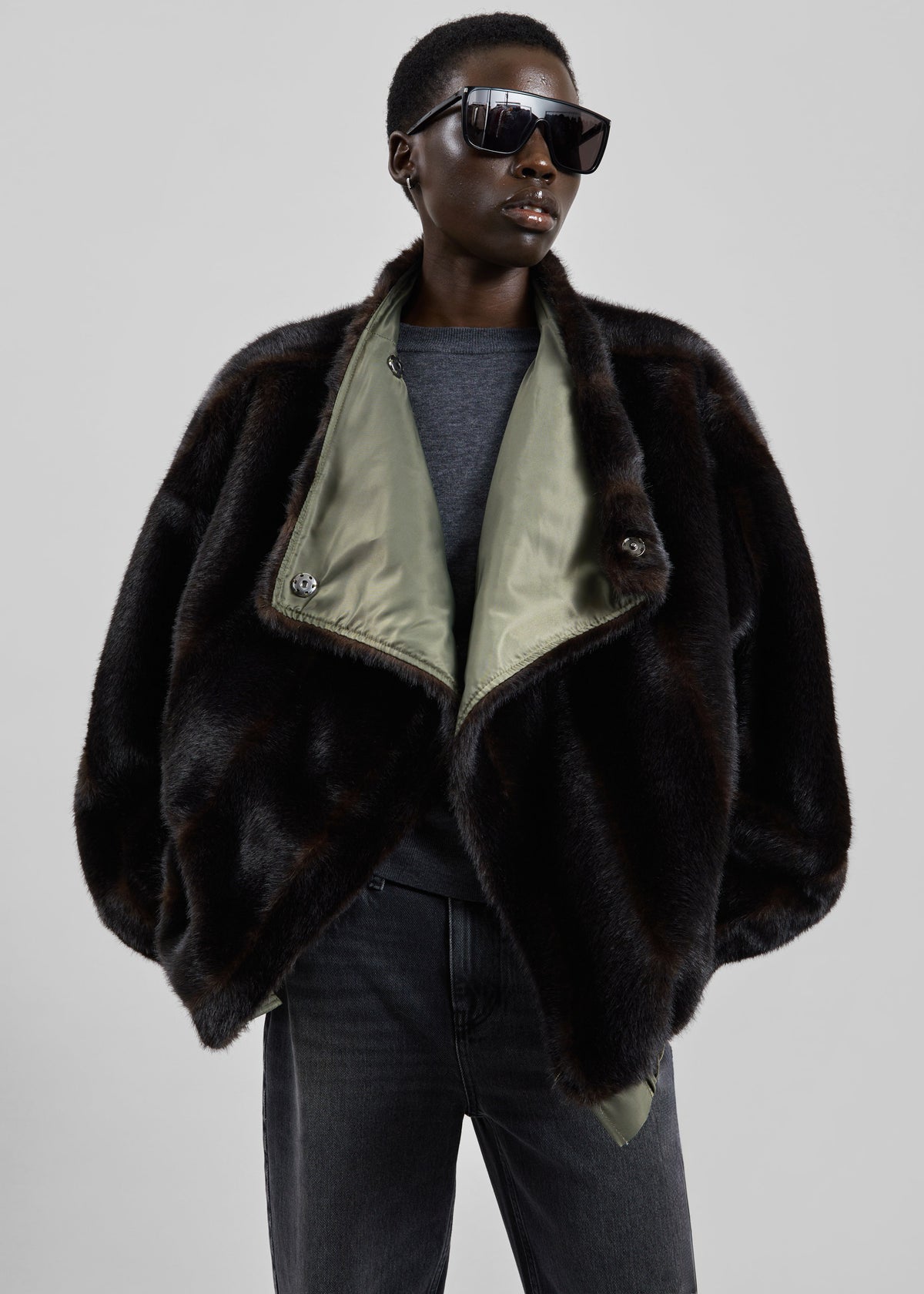 Vera Faux Fur Reversible Short Coat - Brown/Green - 2