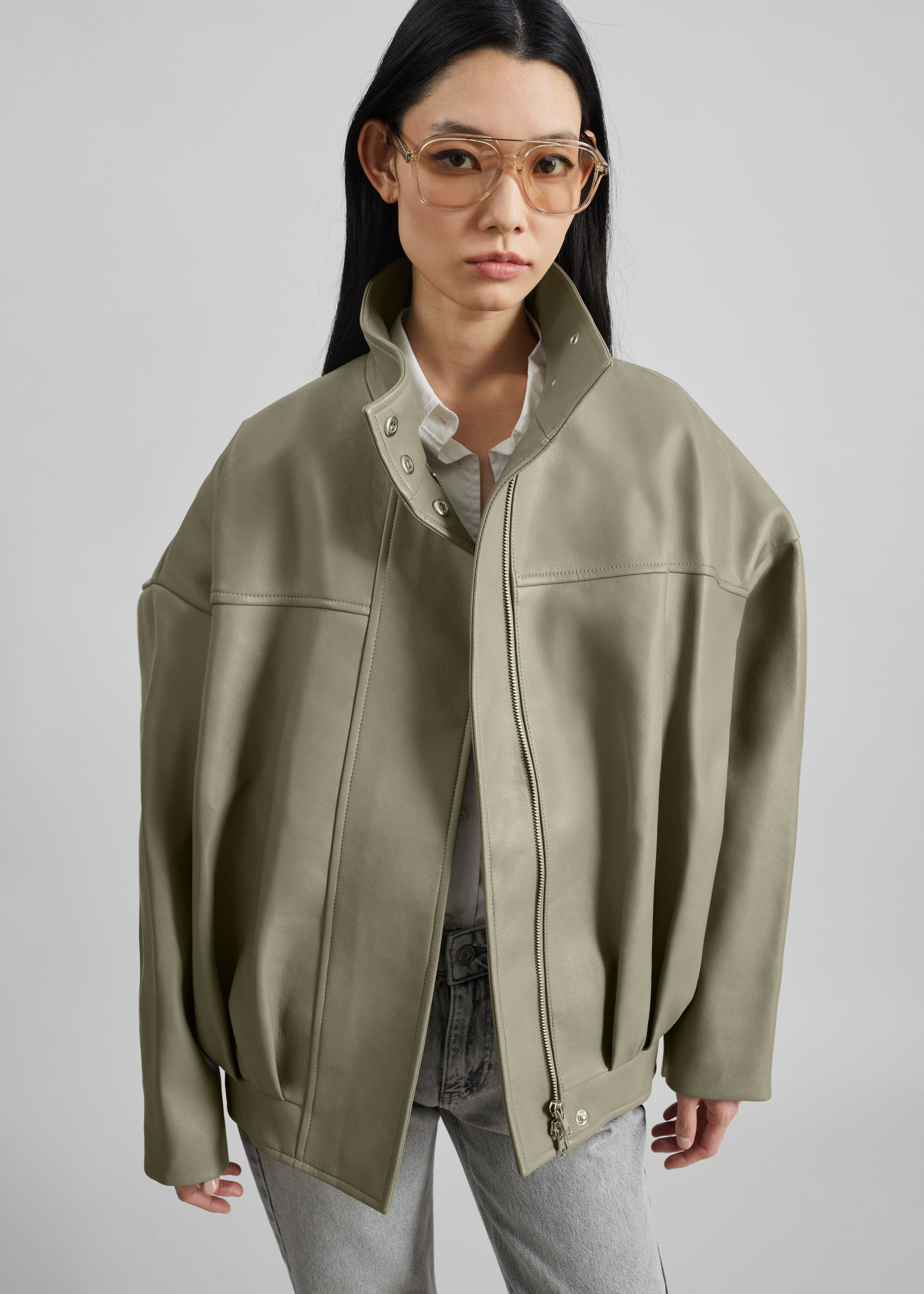Veren Faux Leather Bomber Jacket - Sage - 3