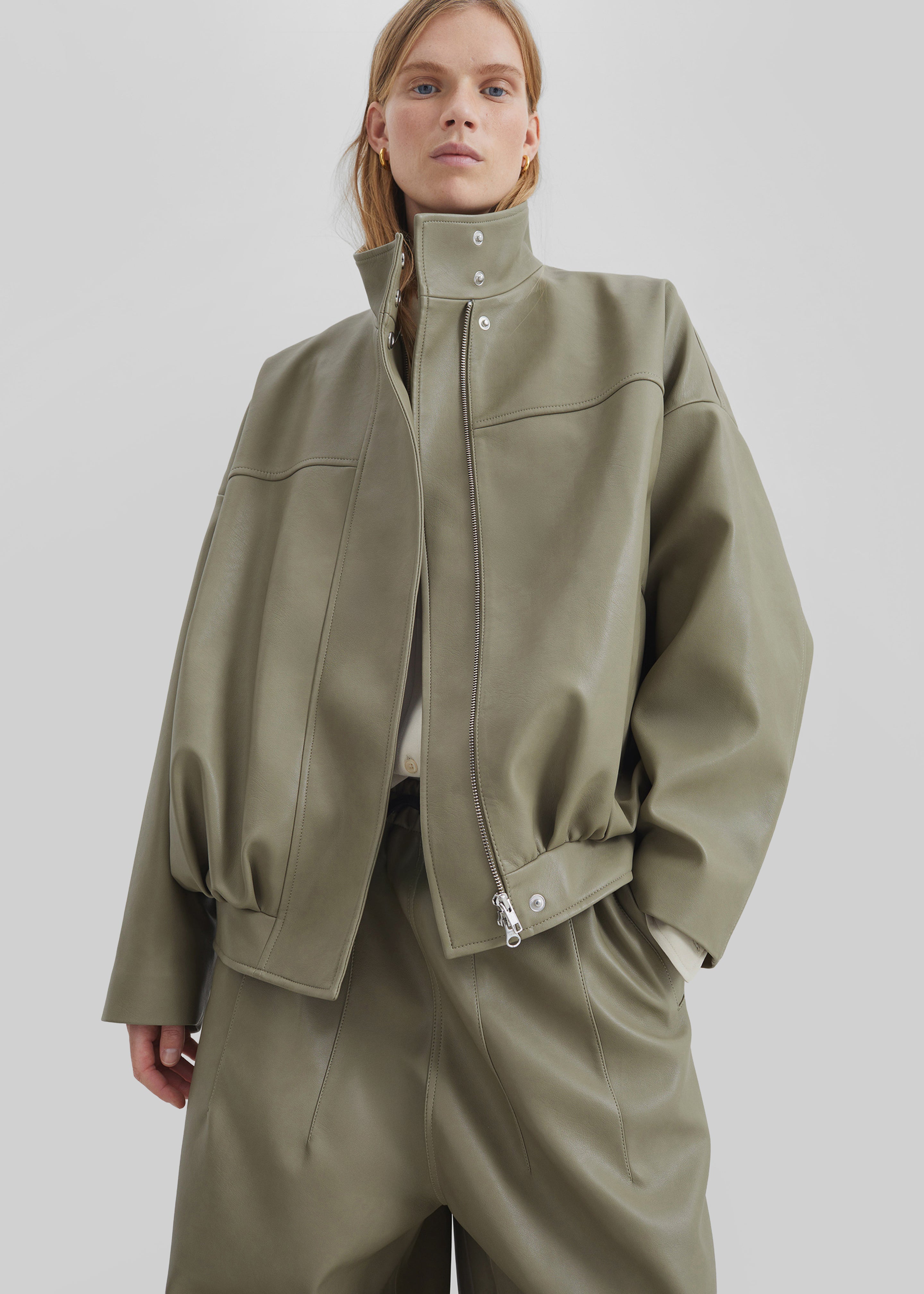 Veren Faux Leather Bomber Jacket - Sage - 1