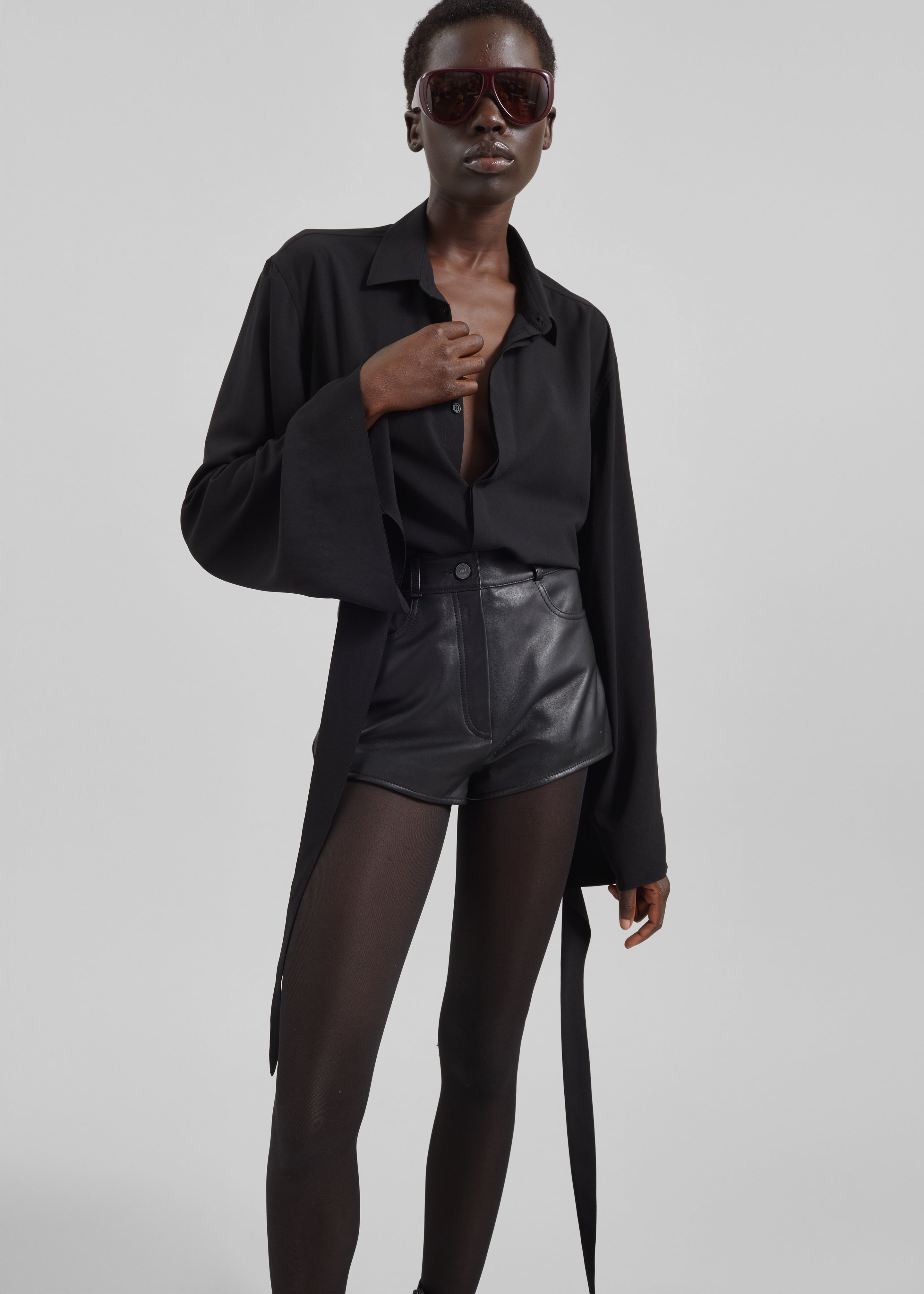 Verlin Sheer Chiffon Tie Cuff Shirt - Black - 8