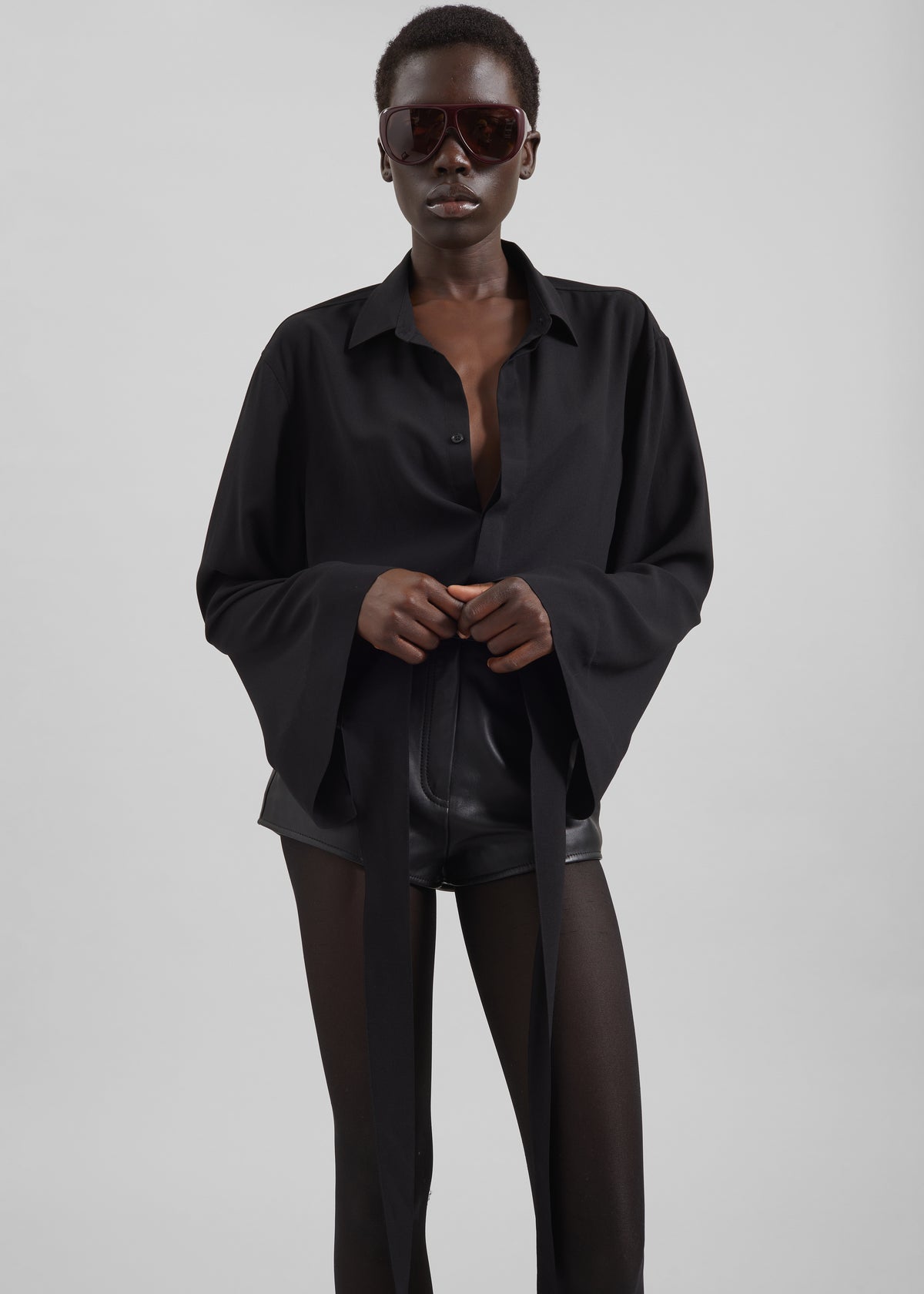 Verlin Sheer Chiffon Tie Cuff Shirt - Black - 9