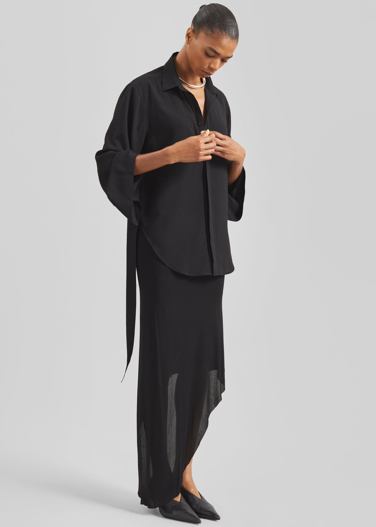 Verlin Sheer Chiffon Tie Cuff Shirt - Black - 5