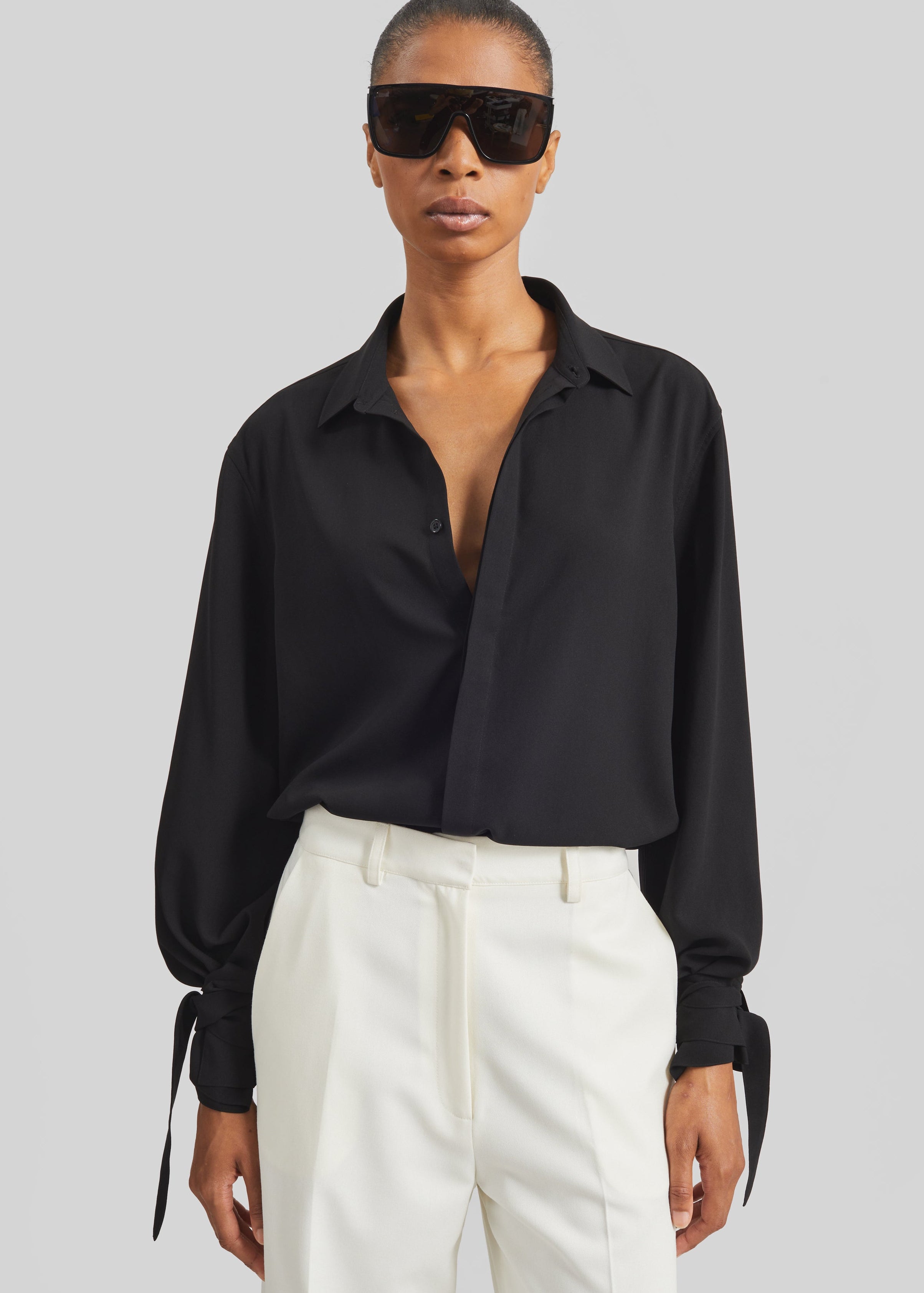 Verlin Sheer Chiffon Tie Cuff Shirt - Black - 7