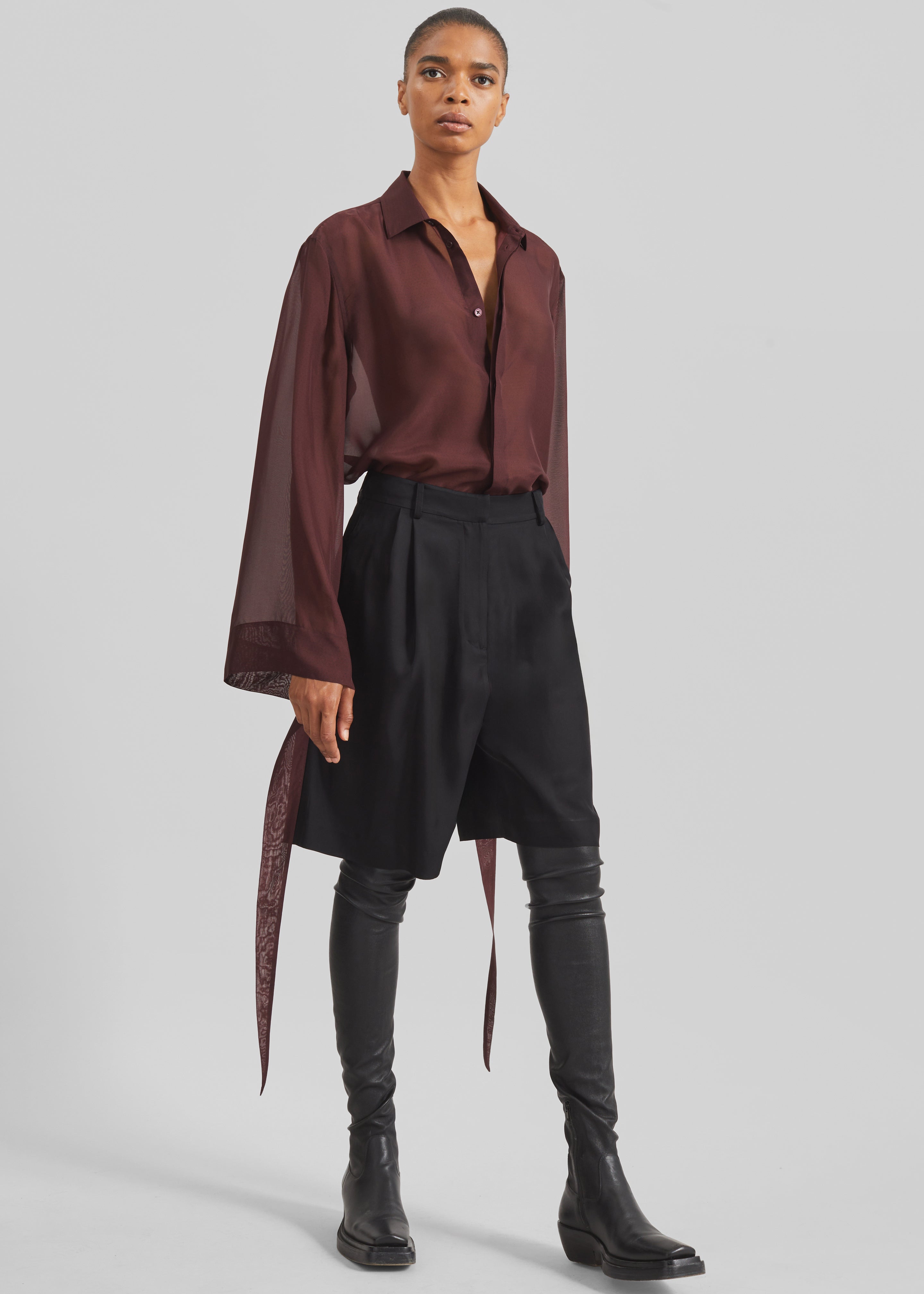 Verlin Sheer Chiffon Tie Cuff Shirt - Burgundy - 9