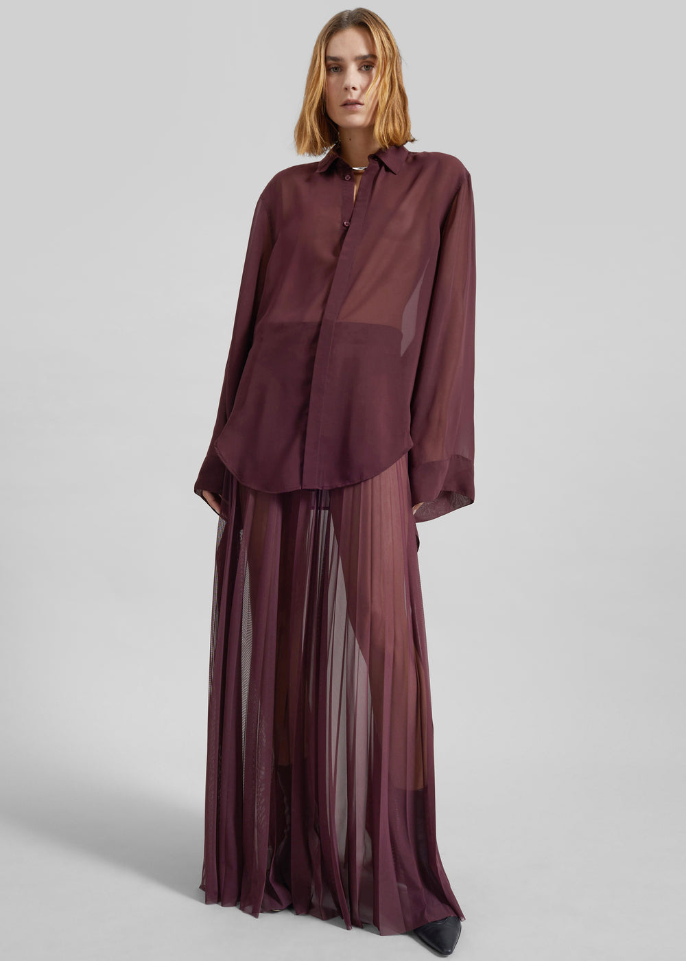Verlin Sheer Chiffon Tie Cuff Shirt - Burgundy - 1
