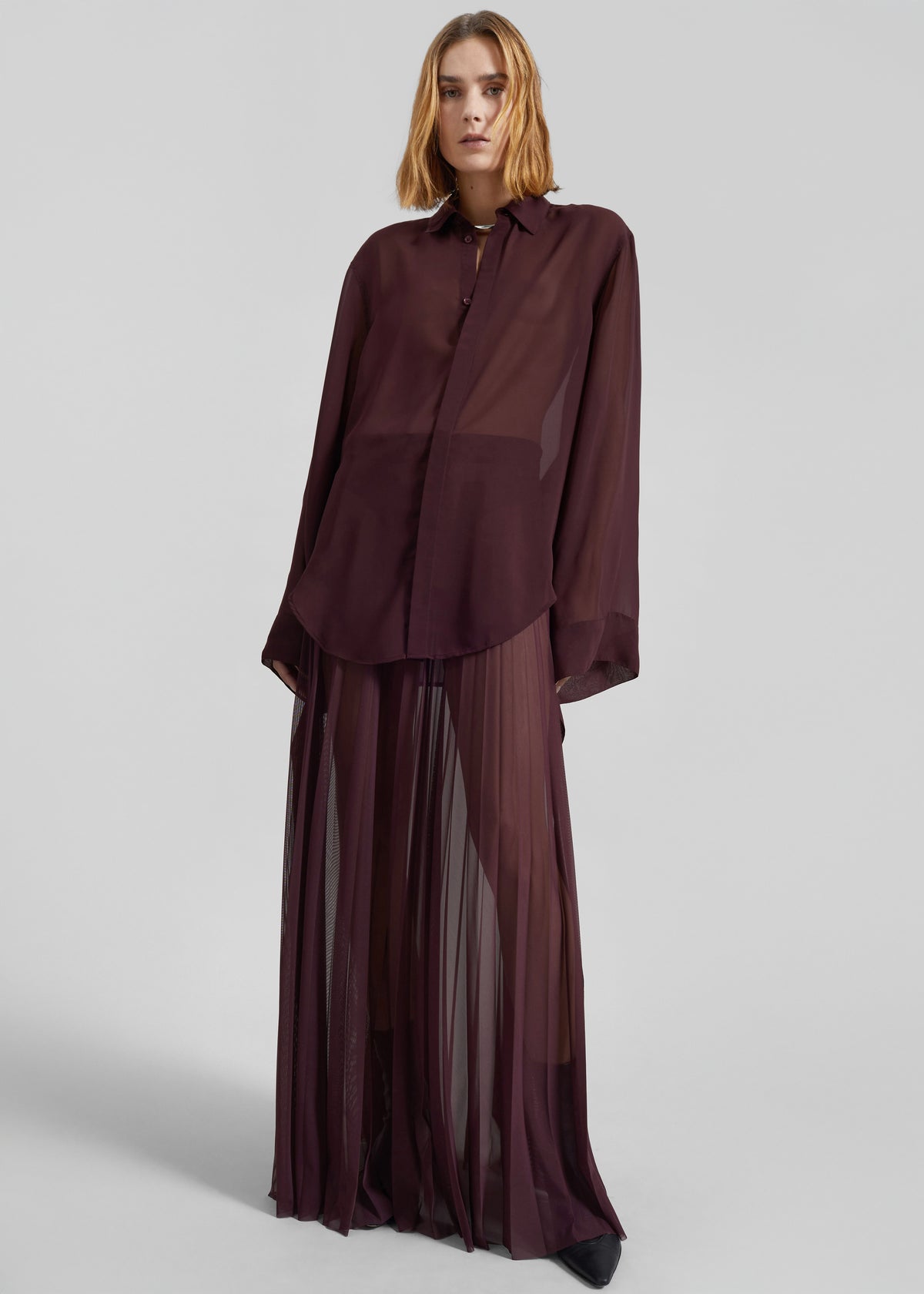 Vallen Pleated Mesh Maxi Skirt - Burgundy - 1
