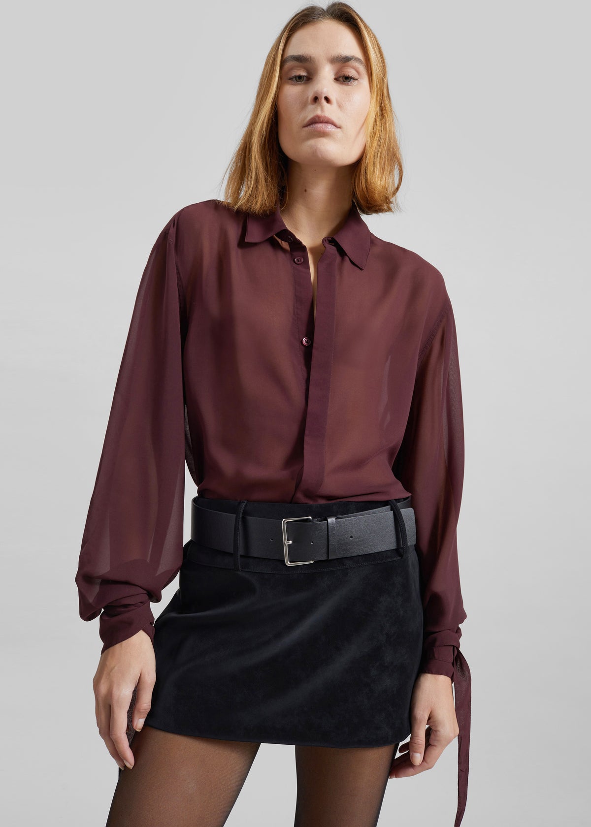 Verlin Sheer Chiffon Tie Cuff Shirt - Burgundy Verlin Sheer Chiffon Tie Cuff Shirt - Burgundy