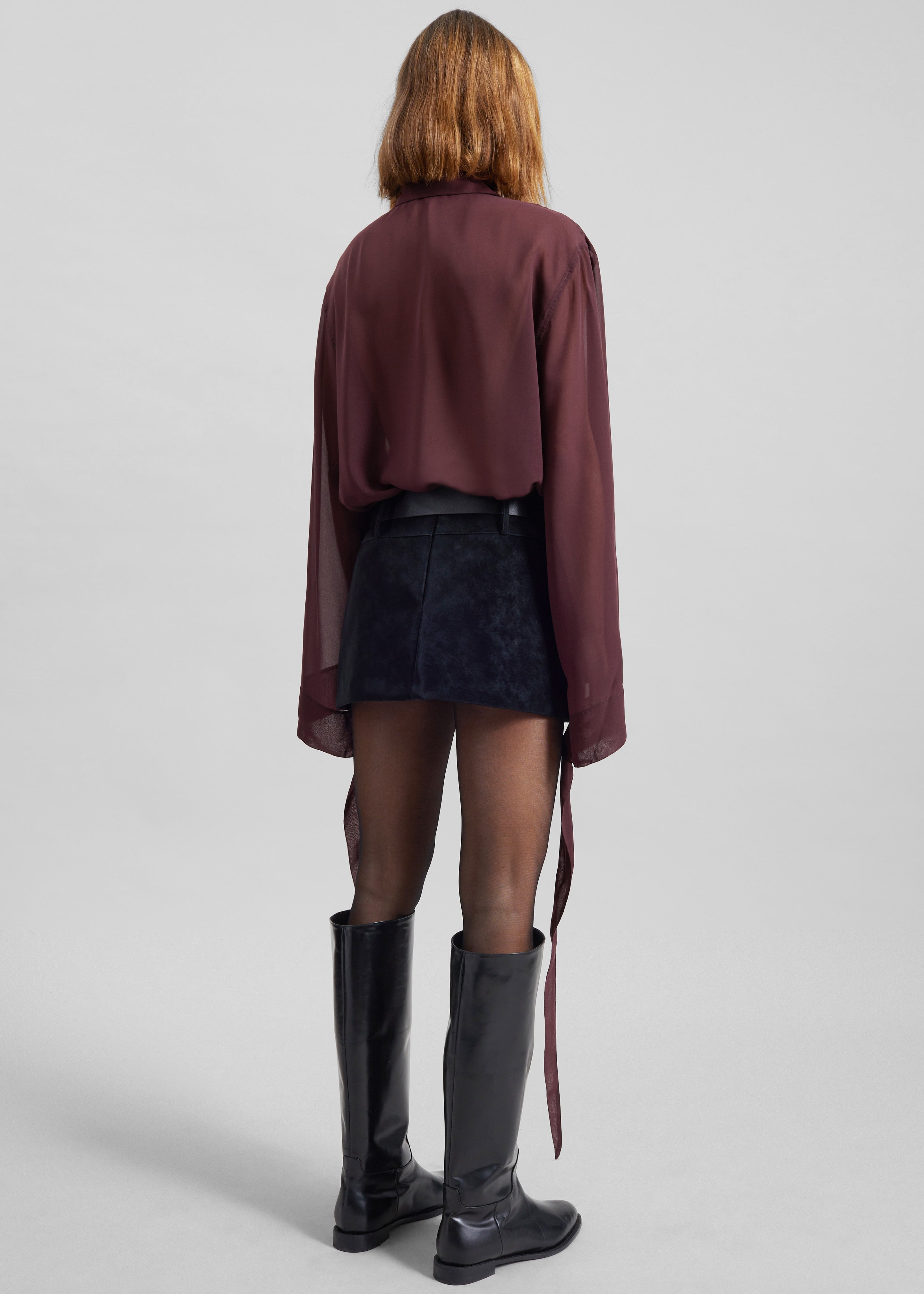 Verlin Sheer Chiffon Tie Cuff Shirt - Burgundy - 10