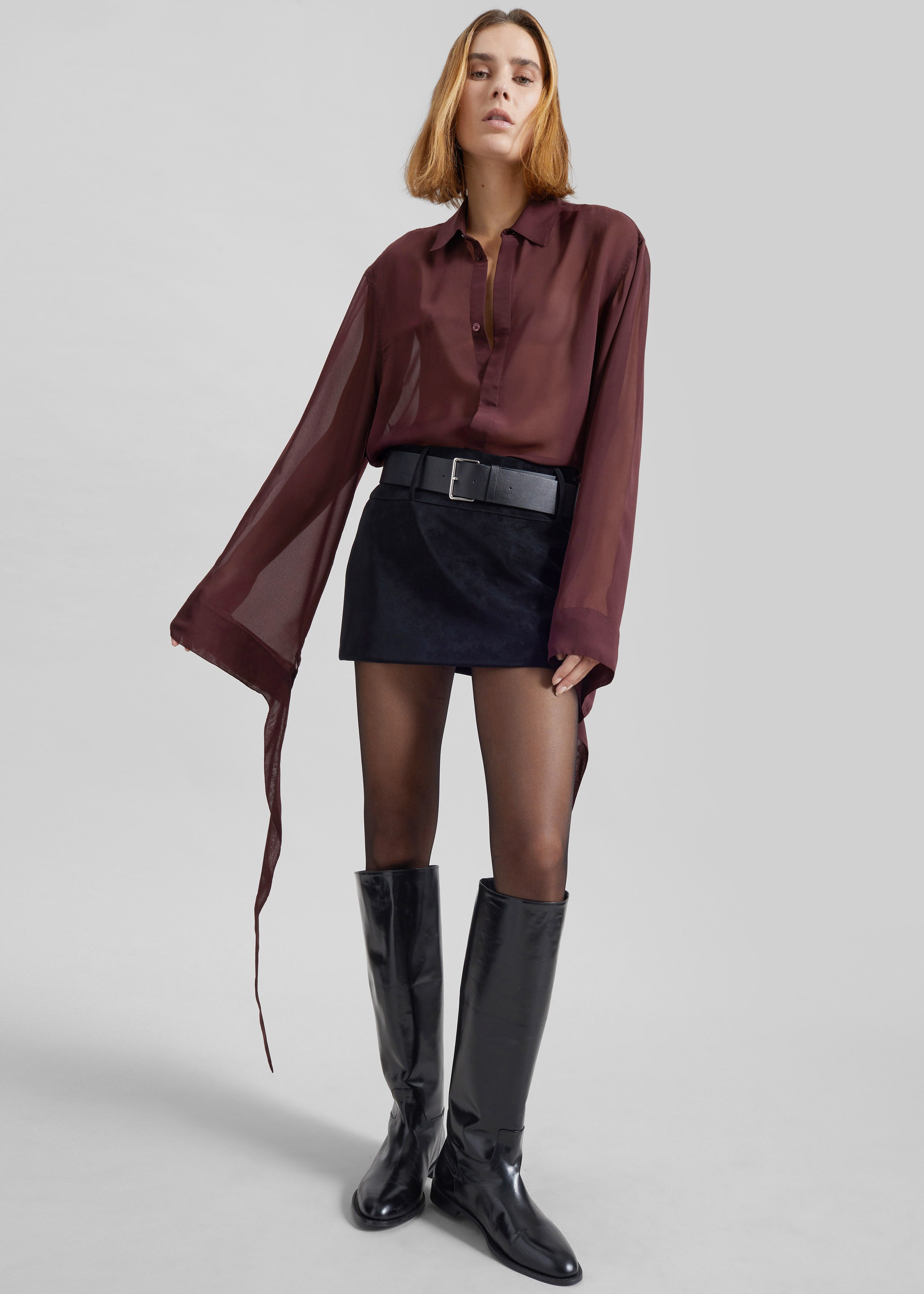 Verlin Sheer Chiffon Tie Cuff Shirt - Burgundy - 5