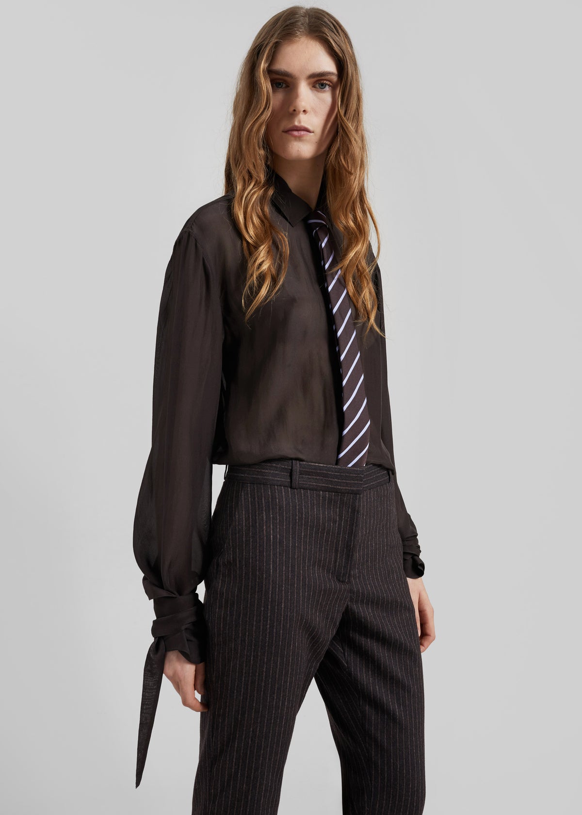 Verlin Sheer Chiffon Tie Cuff Shirt - Dark Brown Verlin Sheer Chiffon Tie Cuff Shirt - Dark Brown