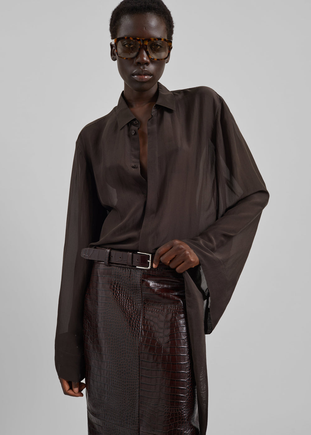 Verlin Sheer Chiffon Tie Cuff Shirt - Dark Brown - 1