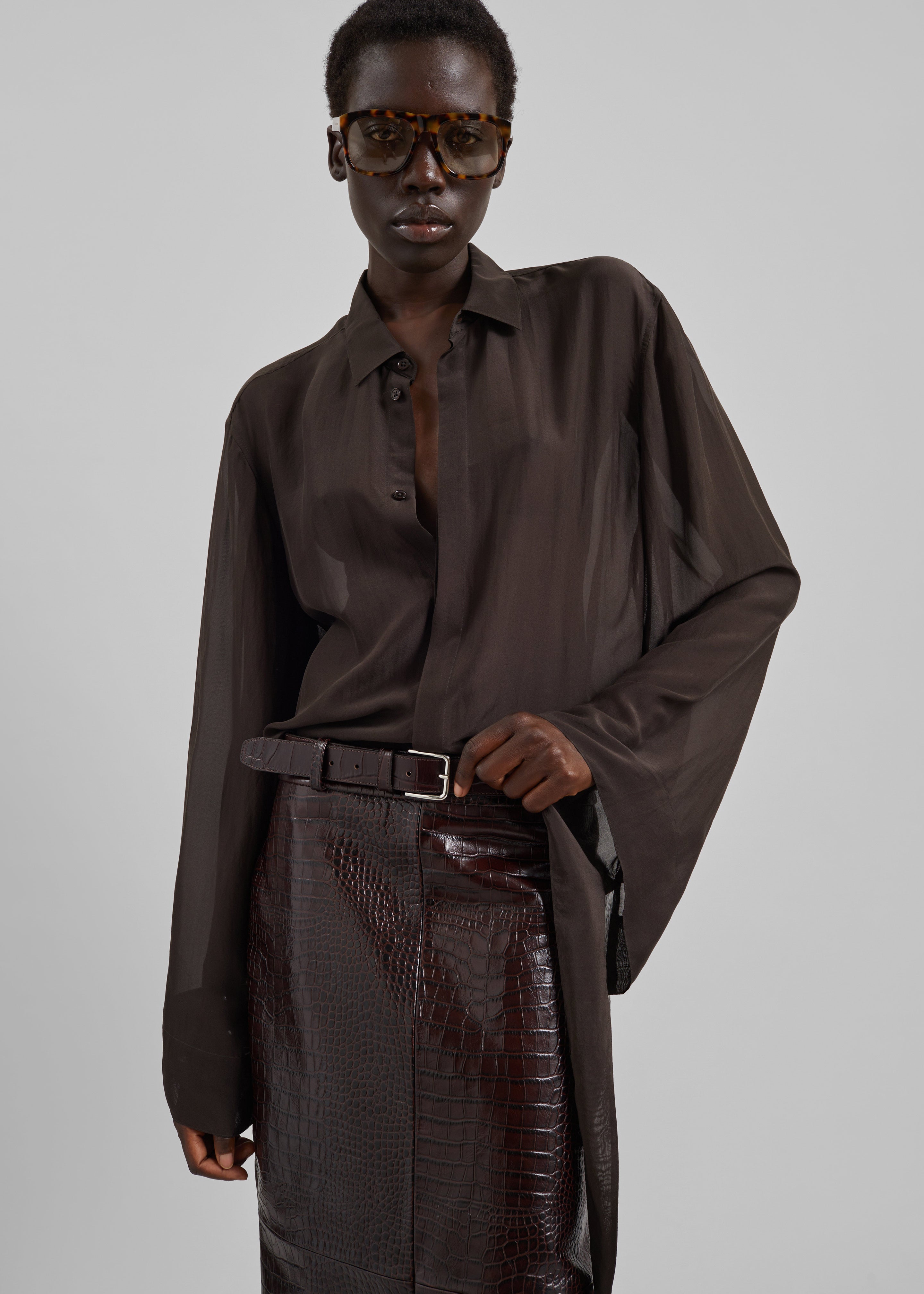 Verlin Sheer Chiffon Tie Cuff Shirt - Dark Brown - 2