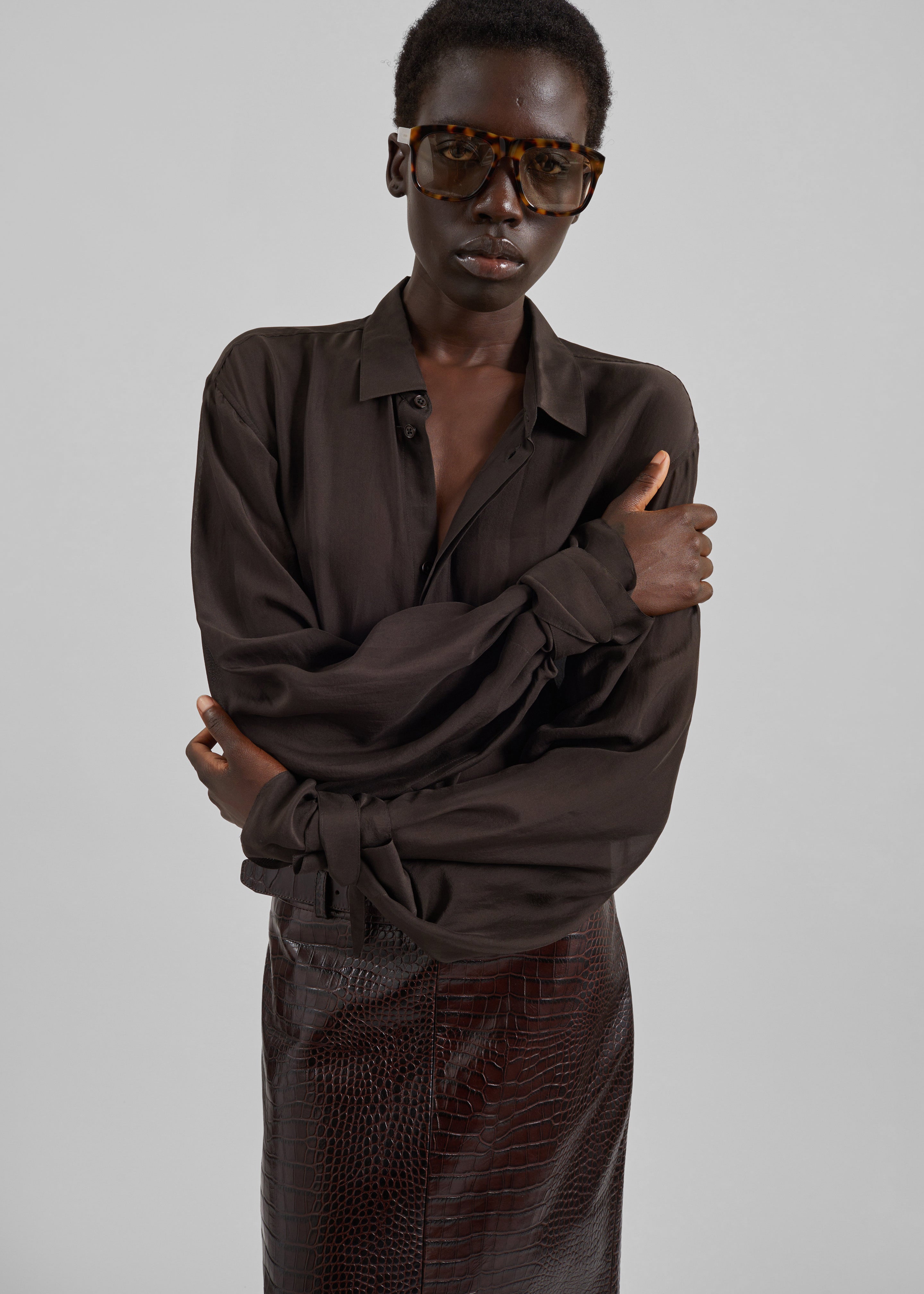 Verlin Sheer Chiffon Tie Cuff Shirt - Dark Brown - 6